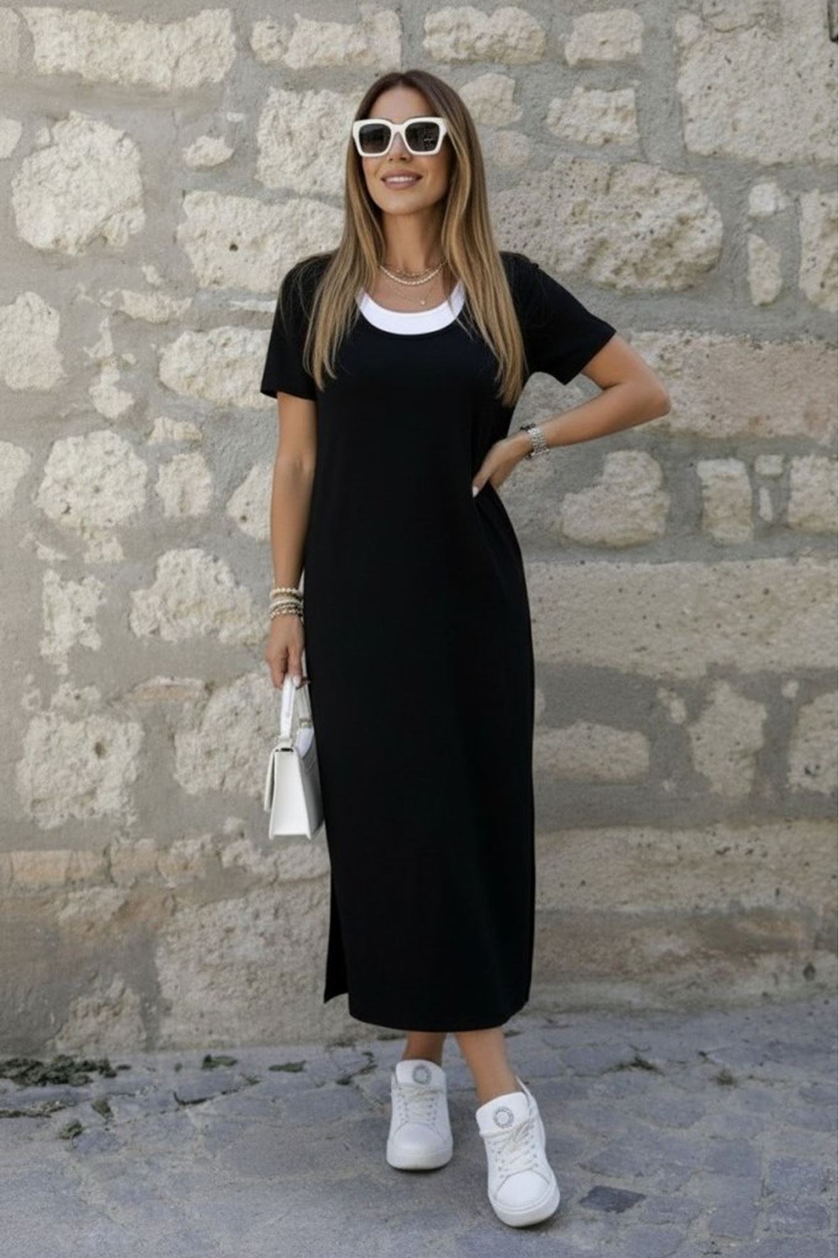 Kadın Kısa Kollu Içi Atlet Görünümlü Yandan Yırtmaçlı Uzun Viskon Elbise