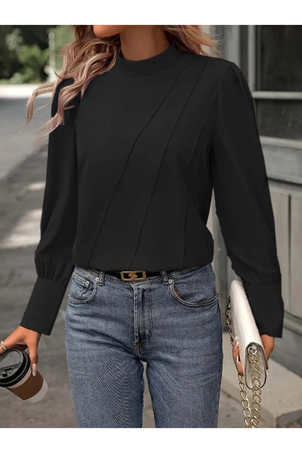 Kadın Uzun Kollu Balıkçı Yaka önden Dikişli Dokuma Bluz