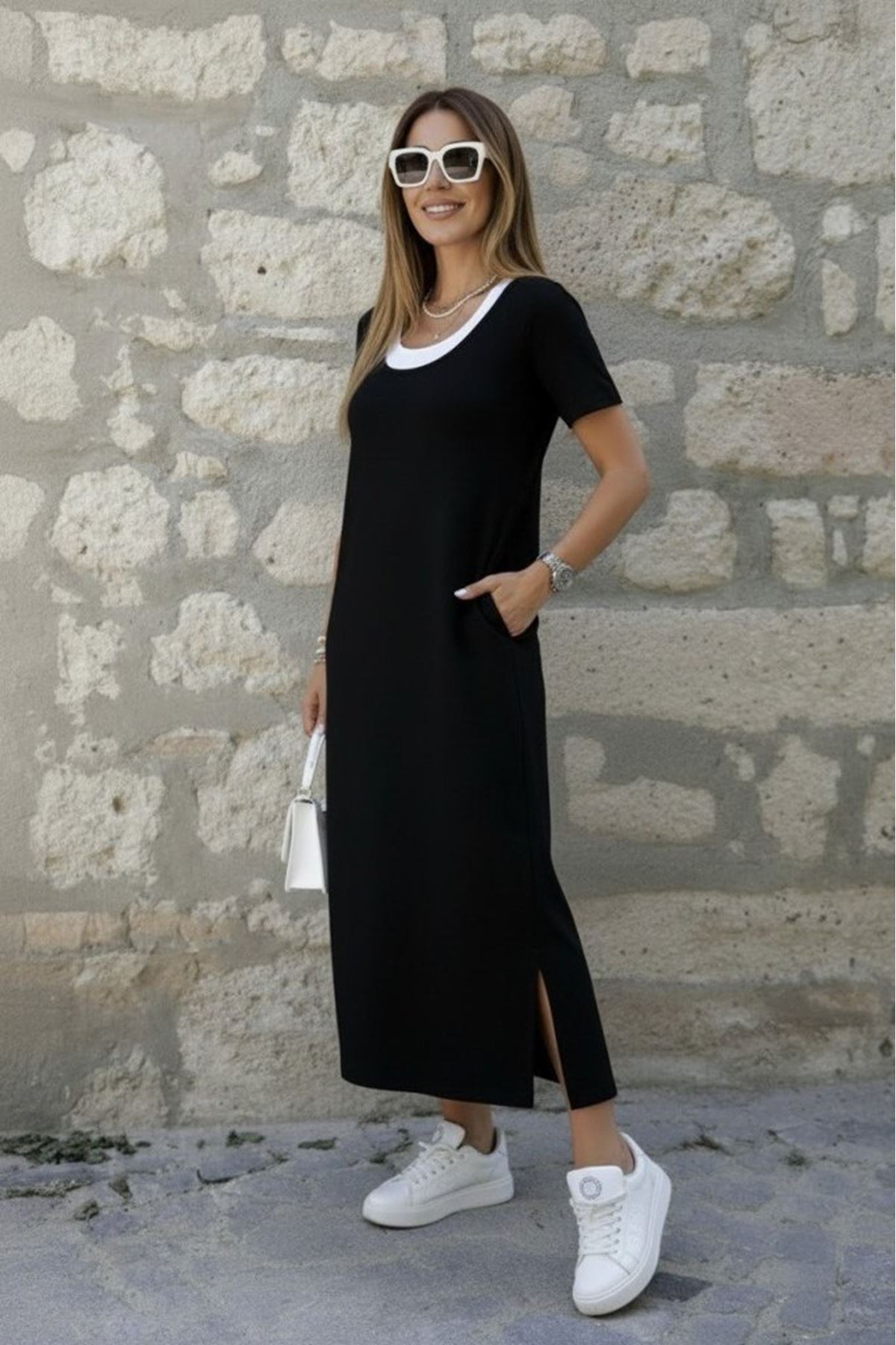 Kadın Kısa Kollu Içi Atlet Görünümlü Yandan Yırtmaçlı Uzun Viskon Elbise