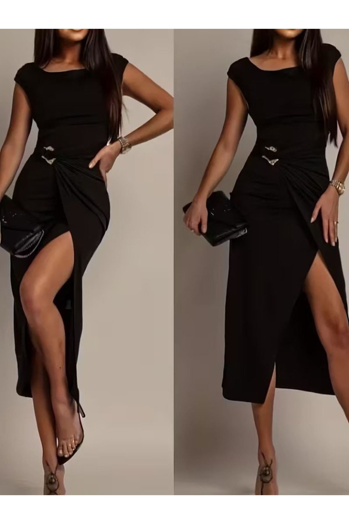 Kadın Kısa Kollu Geometrik Yakalı önden Açık Modal Mini Elbise