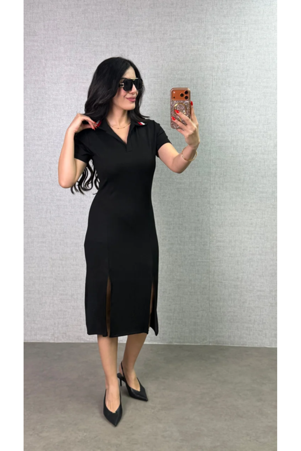 Kadın Polo Yaka çift Yırtmaç Detay Modal Kumaş Midi Boy Elbise