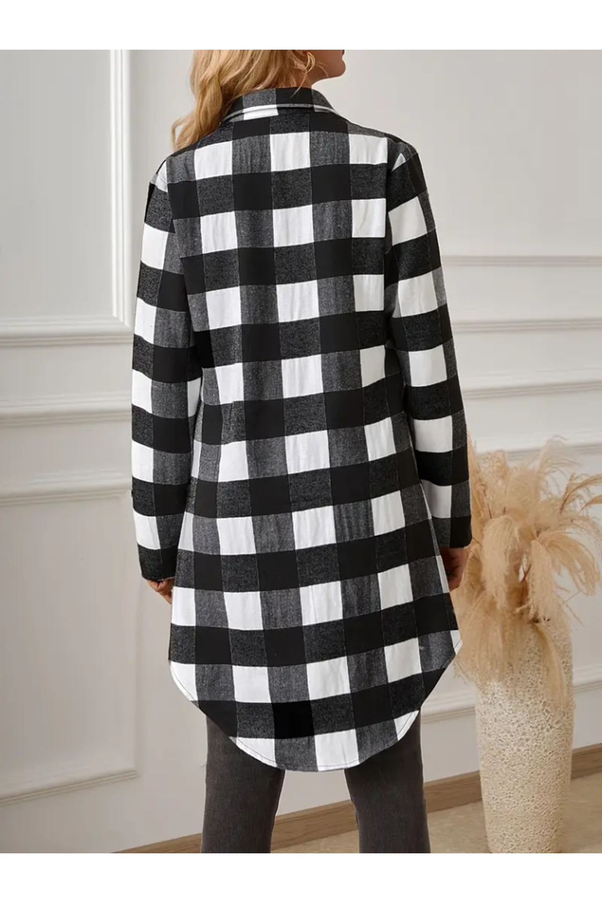 Kadın Uzun Kollu Ekoseli önden Düğmeli Dokuma Uzun Gömlek