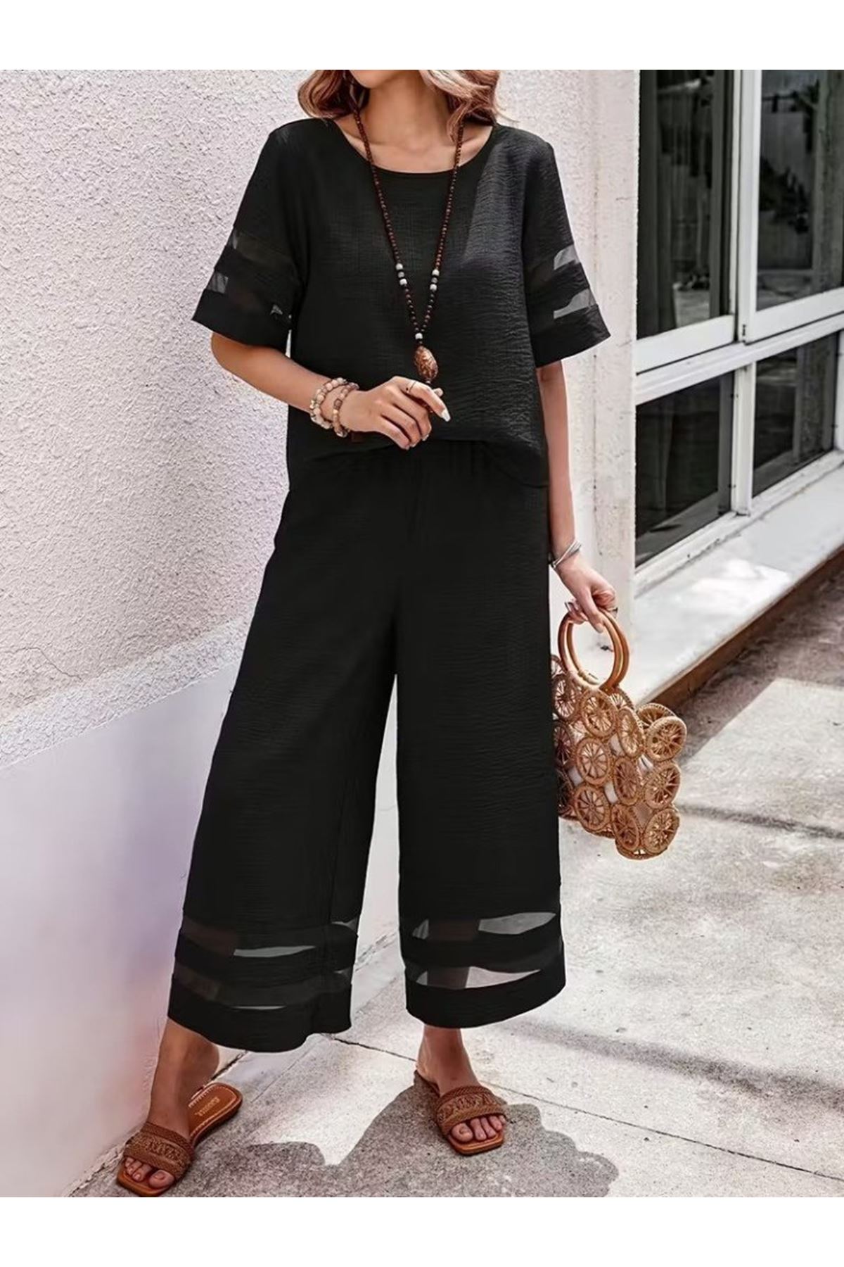 Kadın Kısa Kollu Bisiklet Yakalı Tül şerit Detaylı Bluz Ve Pantolon Ikili Takım