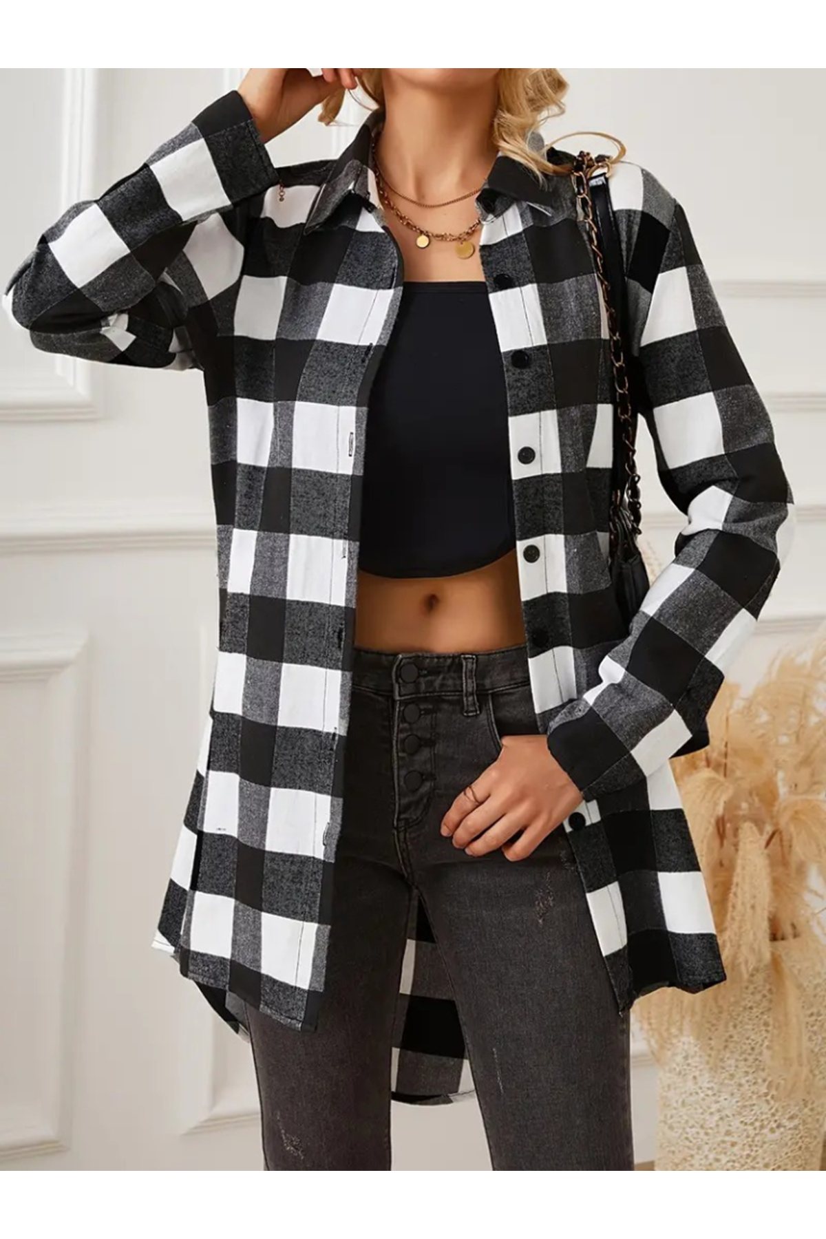 Kadın Uzun Kollu Ekoseli önden Düğmeli Dokuma Uzun Gömlek