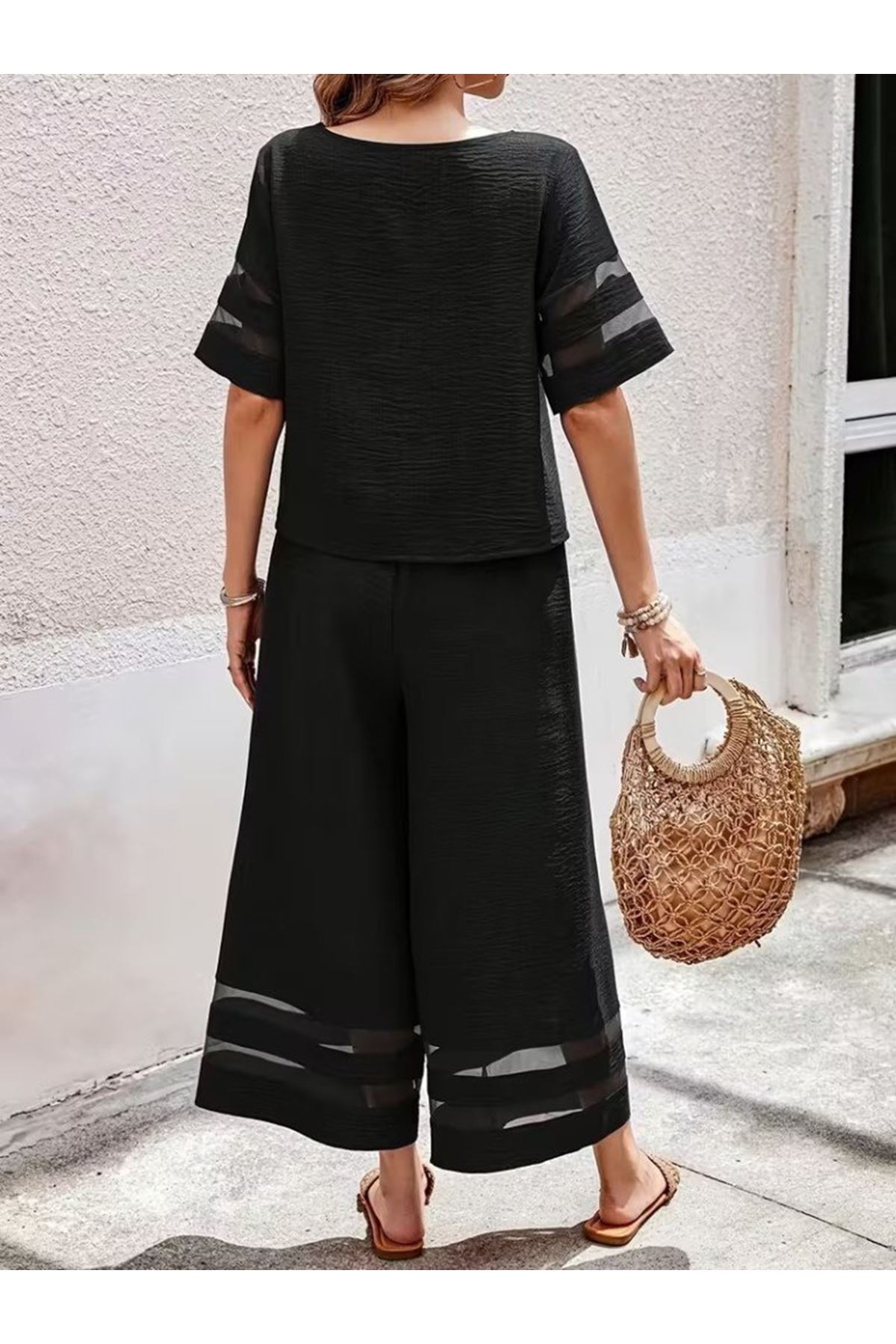 Kadın Kısa Kollu Bisiklet Yakalı Tül şerit Detaylı Bluz Ve Pantolon Ikili Takım