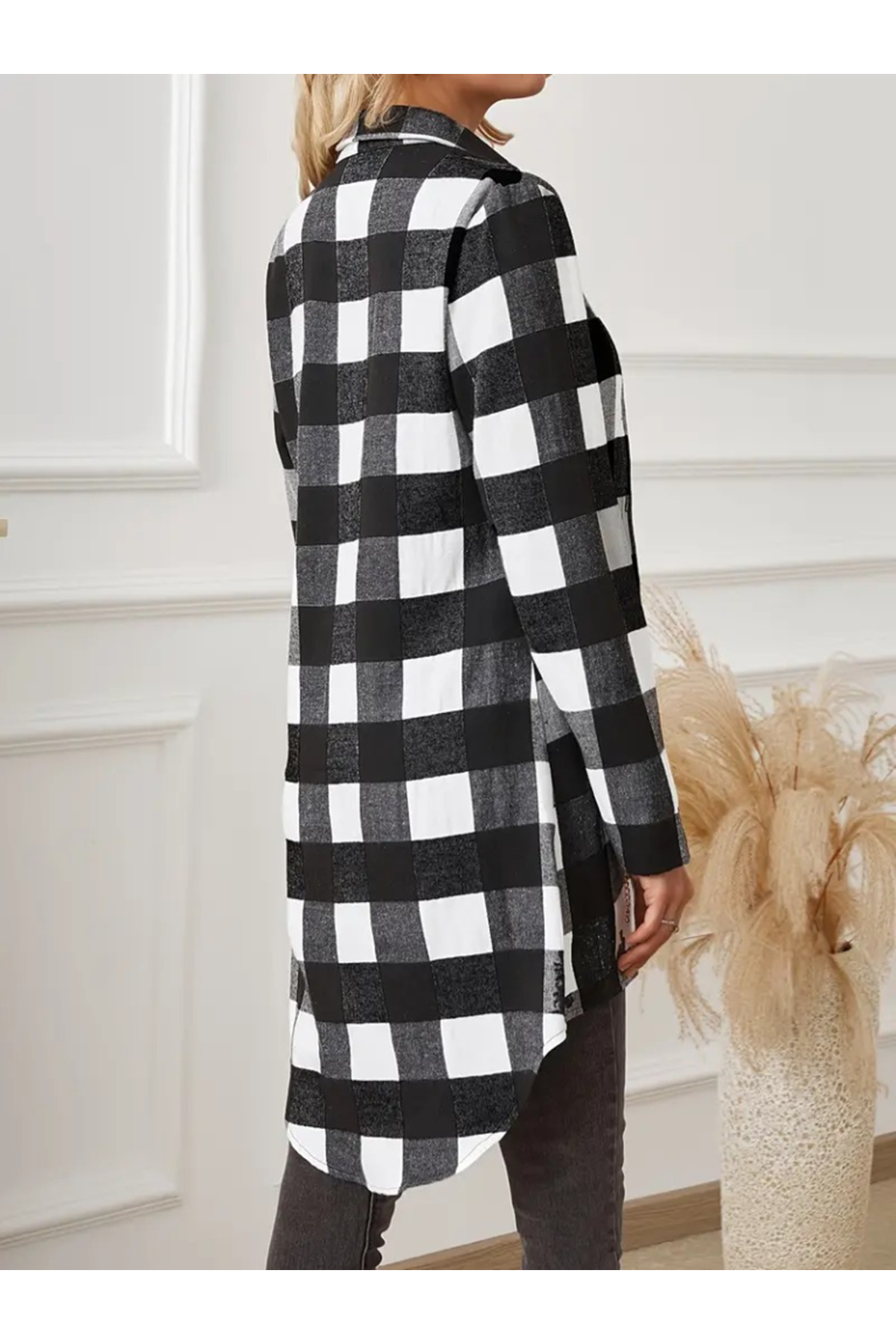 Kadın Uzun Kollu Ekoseli önden Düğmeli Dokuma Uzun Gömlek