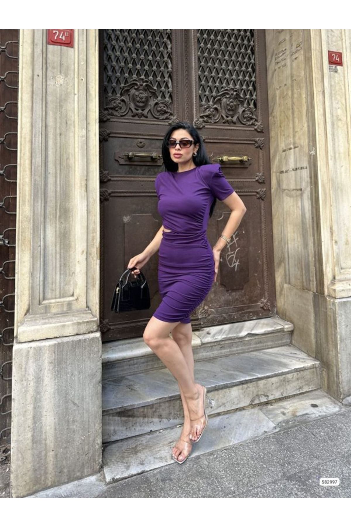 Kadın Bel Dekolteli Yanı Büzgü Detay Dalgıç Krep Kumaş Mini Elbise