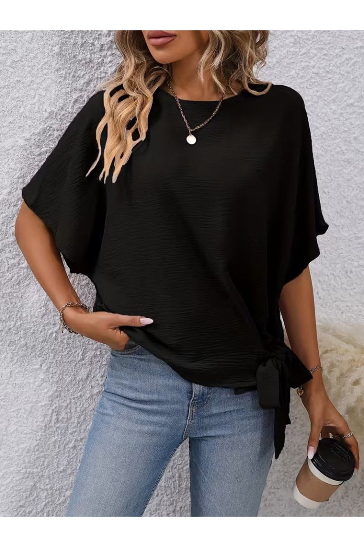 Kadın Kısa Kollu Bisiklet Yaka Yandan Bağcıklı Aerobin Bluz