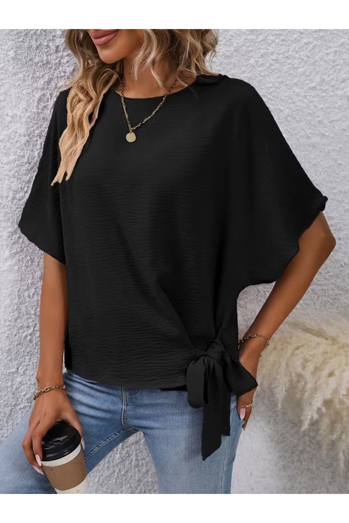 Kadın Kısa Kollu Bisiklet Yaka Yandan Bağcıklı Aerobin Bluz