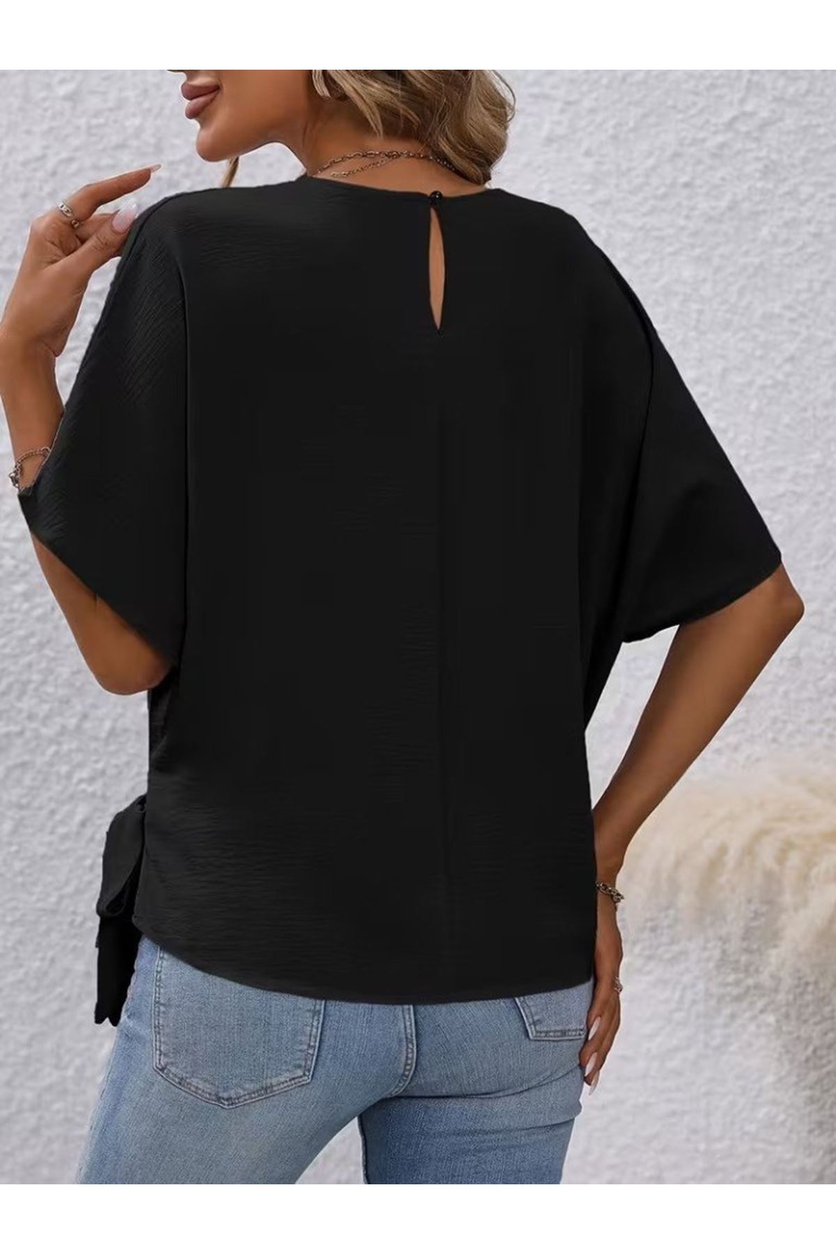 Kadın Kısa Kollu Bisiklet Yaka Yandan Bağcıklı Aerobin Bluz