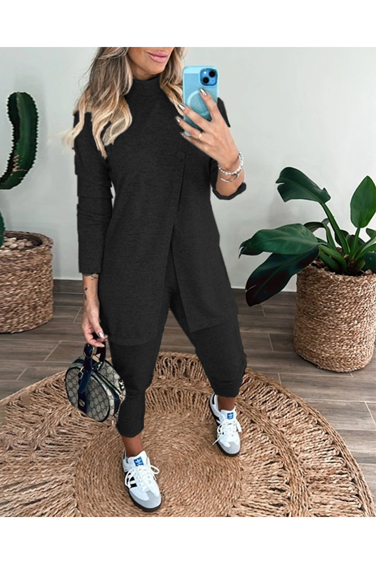 Kadın Uzun Kollu Balıkçı Yaka önden Düğmeli Bluz Ve Pantolon Yumoş Ikili Takım