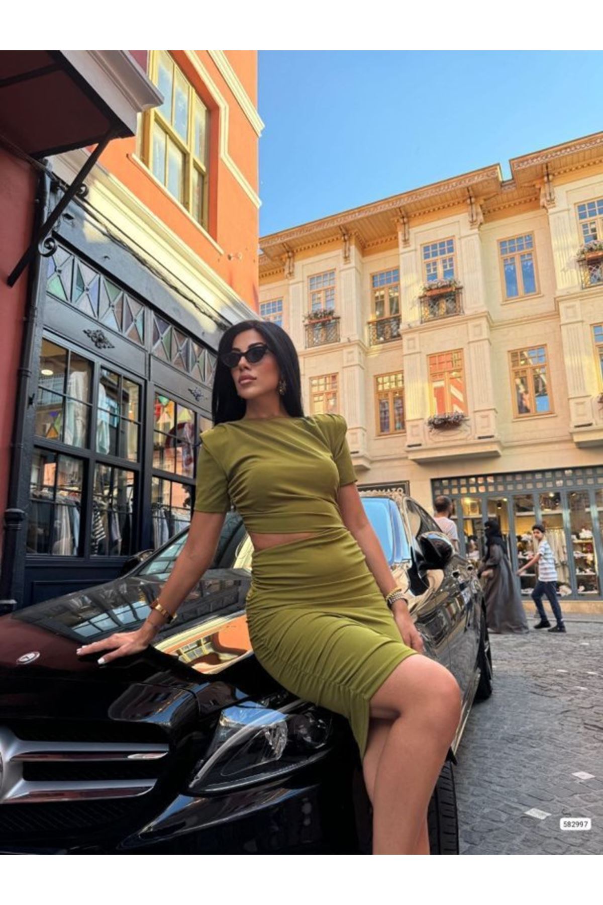 Kadın Bel Dekolteli Yanı Büzgü Detay Dalgıç Krep Kumaş Mini Elbise