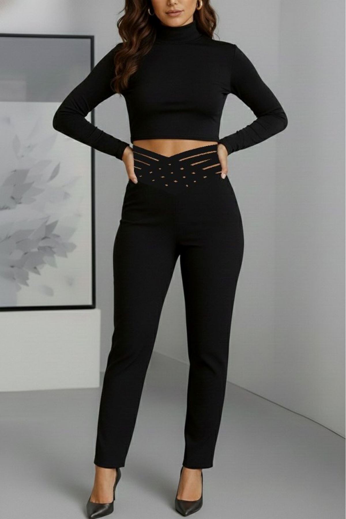 Kadın Yüksek Bel çapraz şerit Detaylı Ithal Krep Pantolon