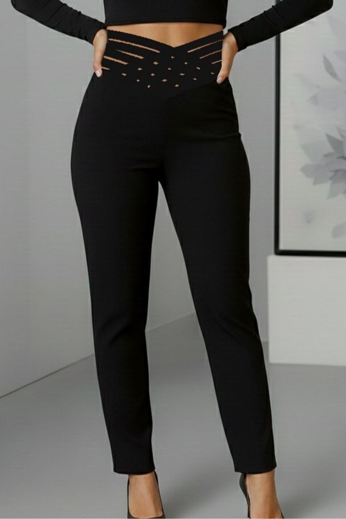 Kadın Yüksek Bel çapraz şerit Detaylı Ithal Krep Pantolon