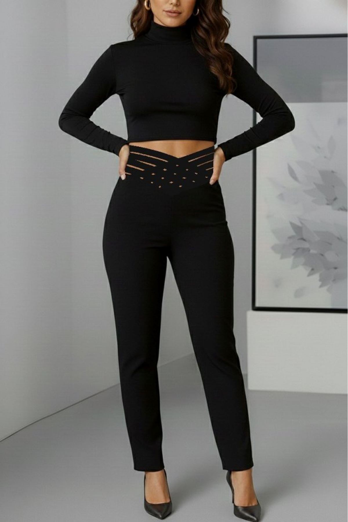 Kadın Yüksek Bel çapraz şerit Detaylı Ithal Krep Pantolon
