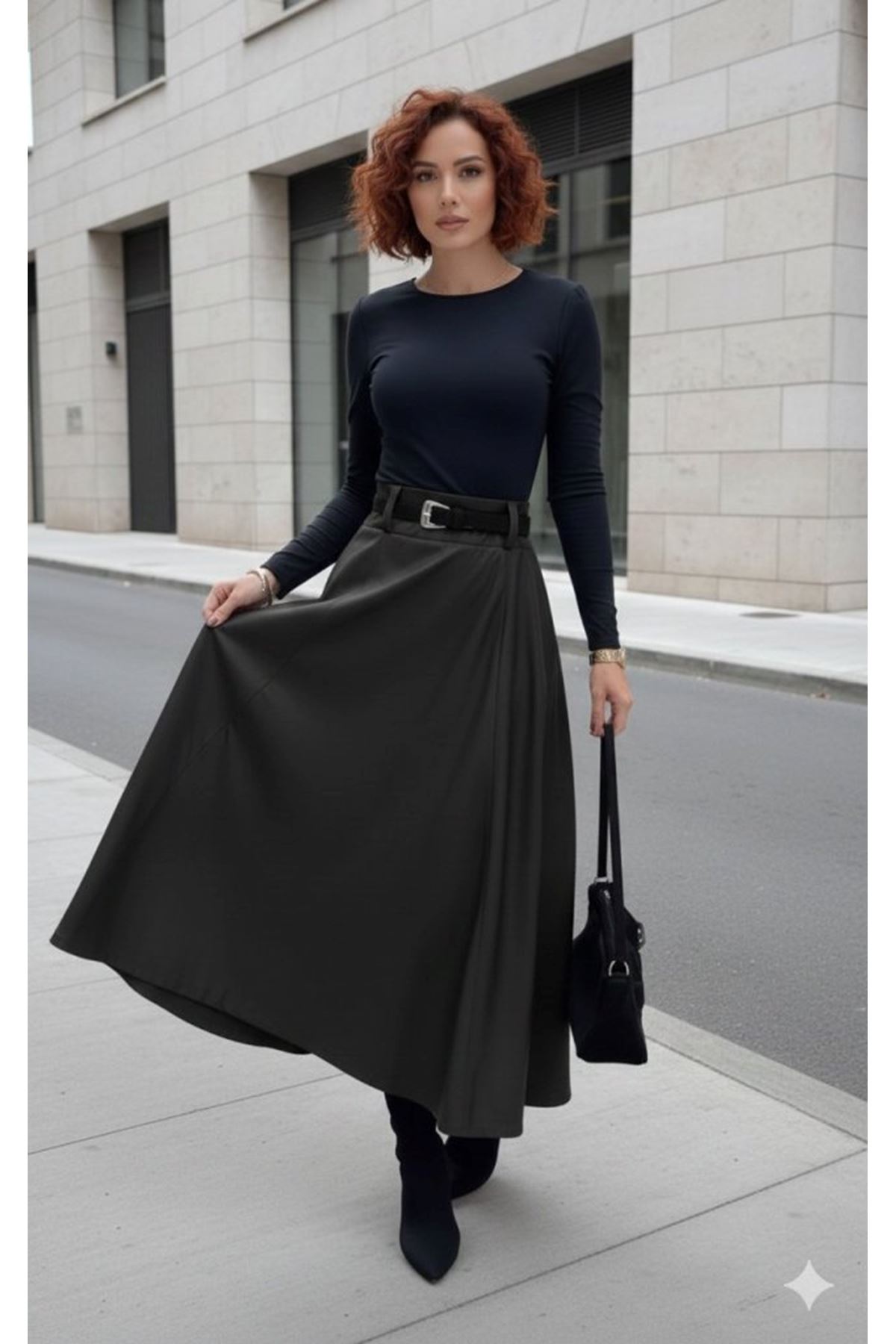Kadın Yüksek Belli Maxi Deri Kemersiz Etek
