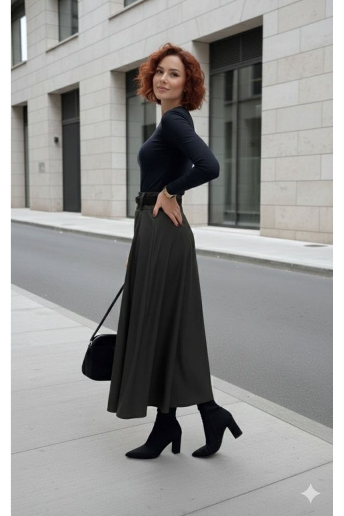 Kadın Yüksek Belli Maxi Deri Kemersiz Etek