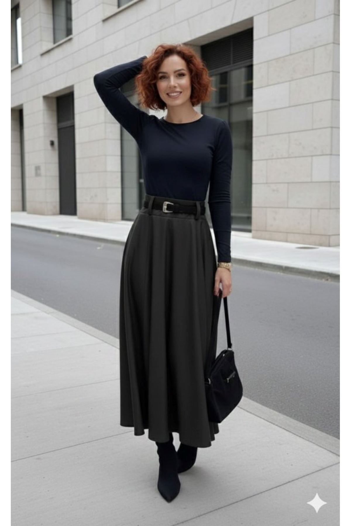 Kadın Yüksek Belli Maxi Deri Kemersiz Etek