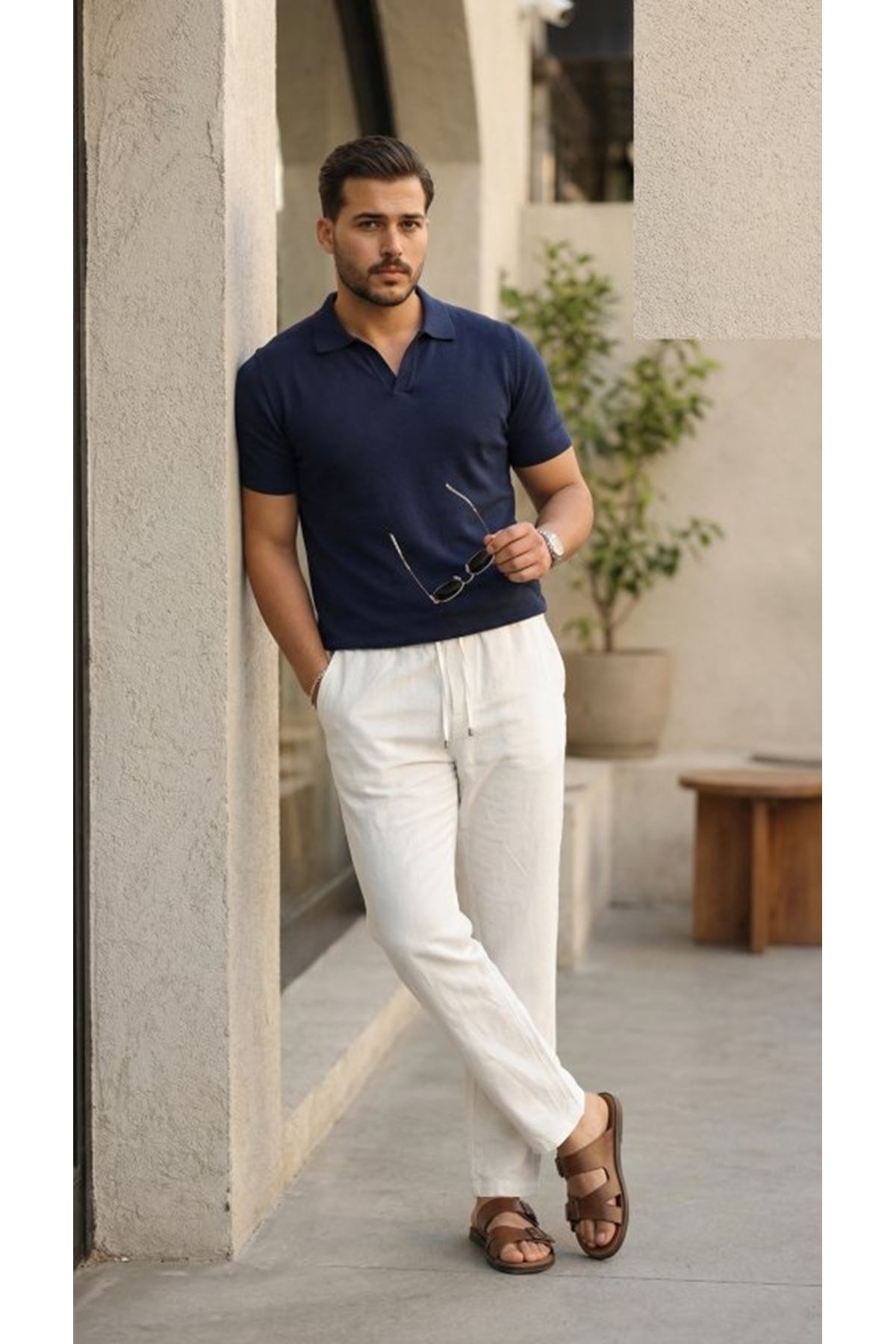 Erkek İç Göstermez Yıkamalı Keten Pantolon