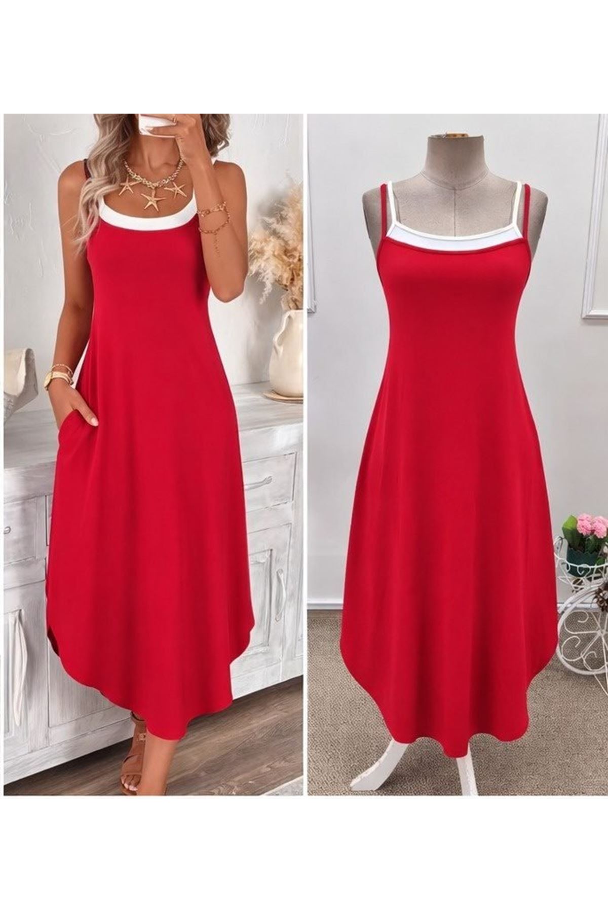 Kadın Ip Askılı Yuvarlak Yakalı Cepli Uzun Viskon Elbise