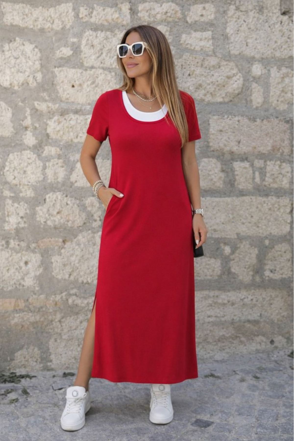 Kadın Kısa Kollu Içi Atlet Görünümlü Yandan Yırtmaçlı Uzun Viskon Elbise