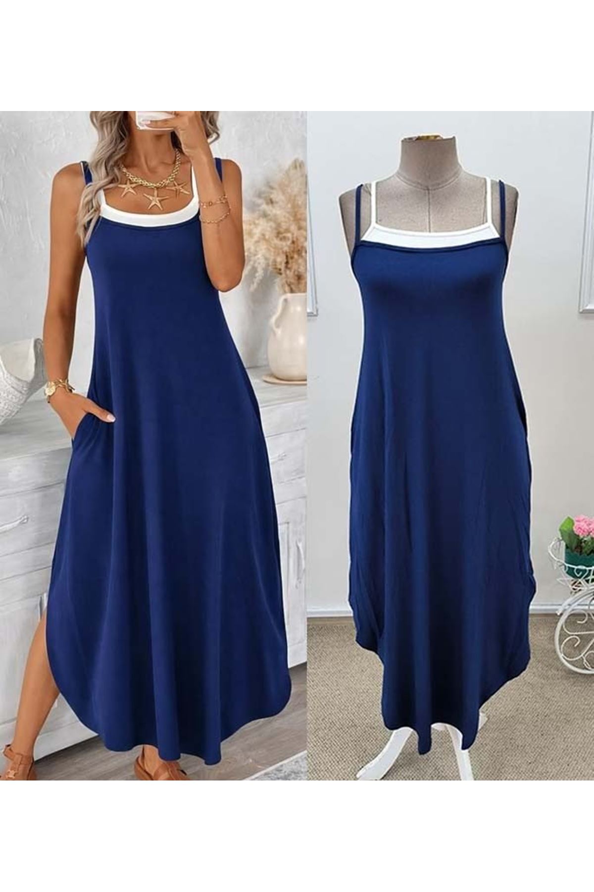 Kadın Ip Askılı Yuvarlak Yakalı Cepli Uzun Viskon Elbise