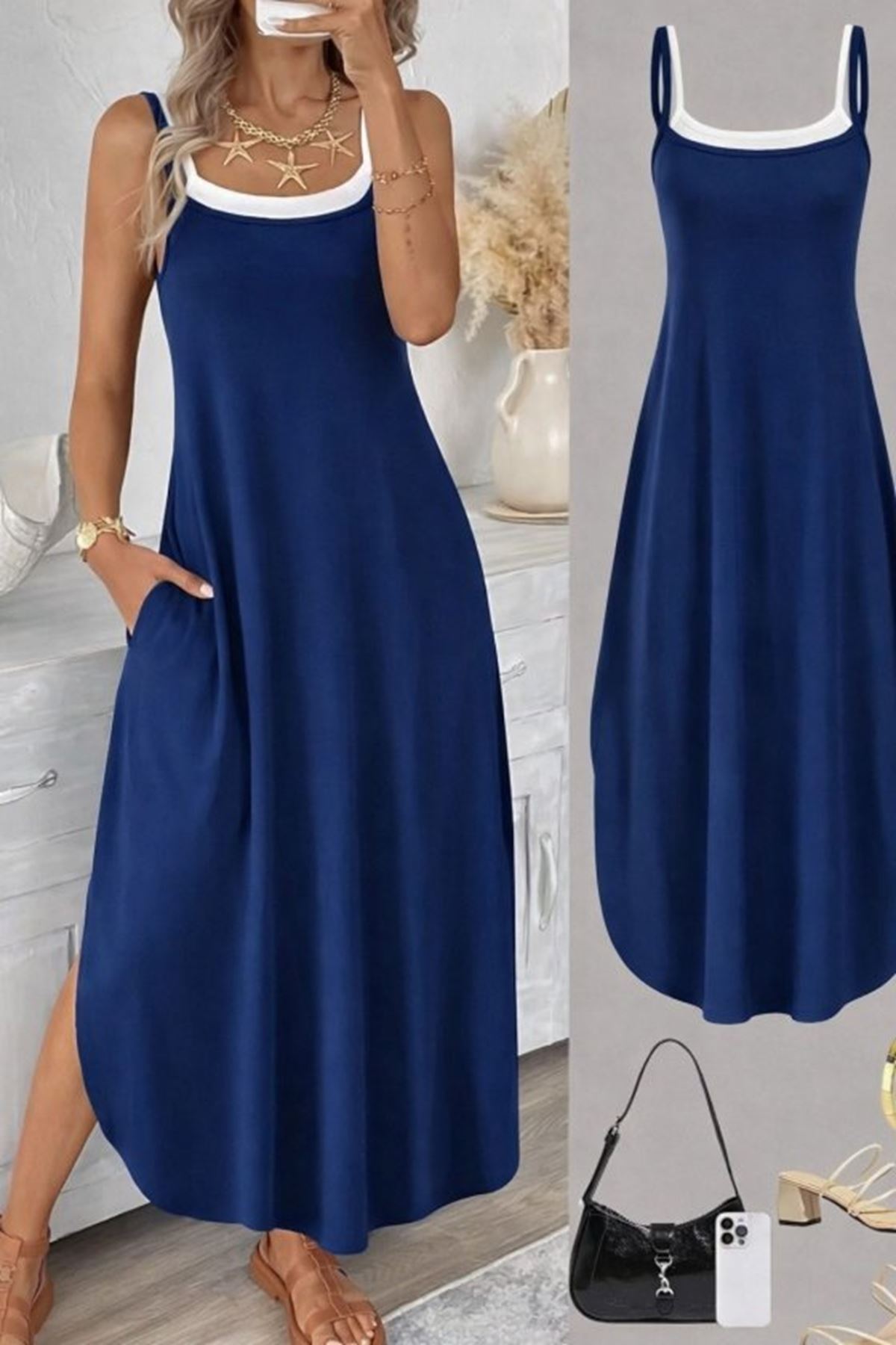 Kadın Ip Askılı Yuvarlak Yakalı Cepli Uzun Viskon Elbise