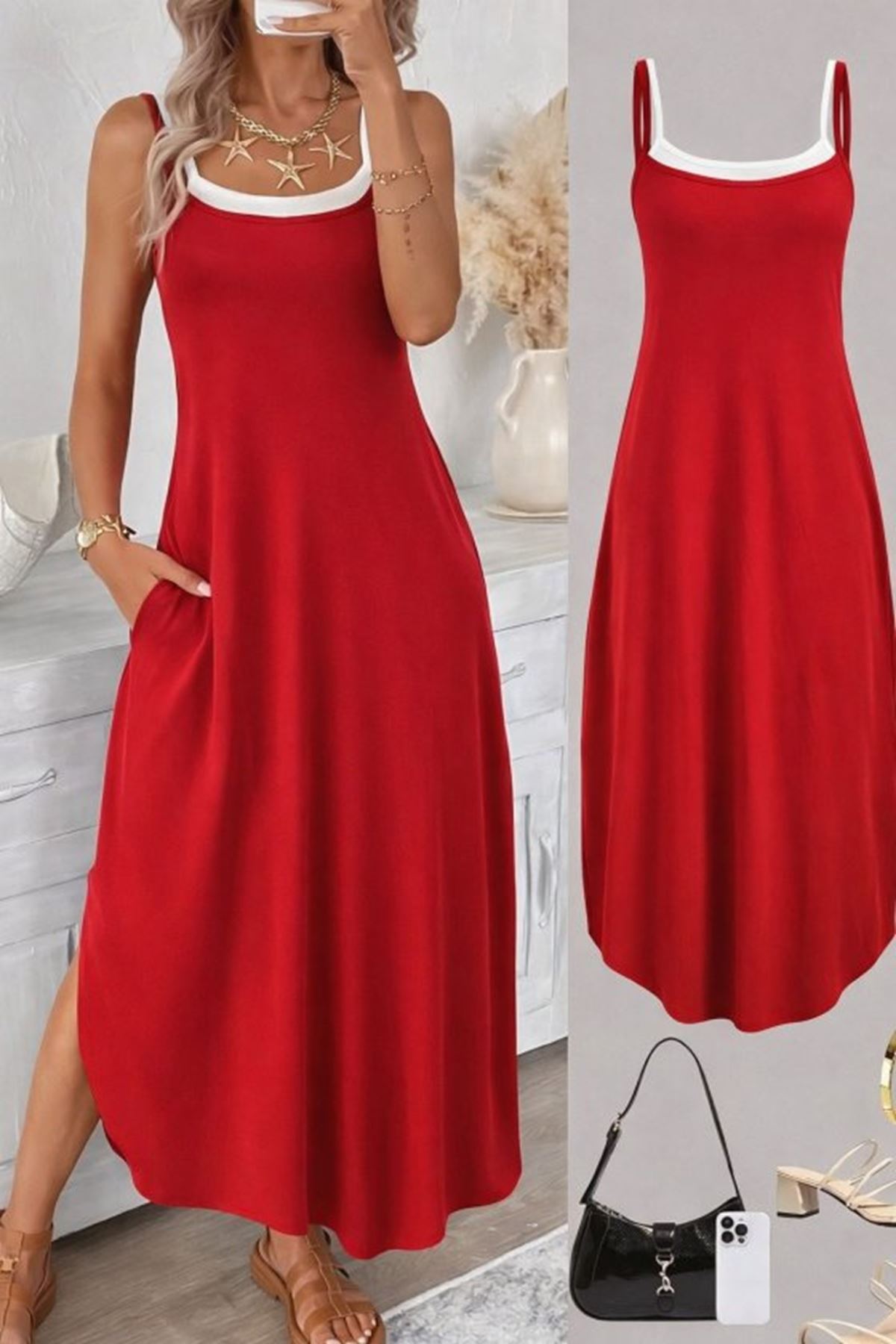 Kadın Ip Askılı Yuvarlak Yakalı Cepli Uzun Viskon Elbise