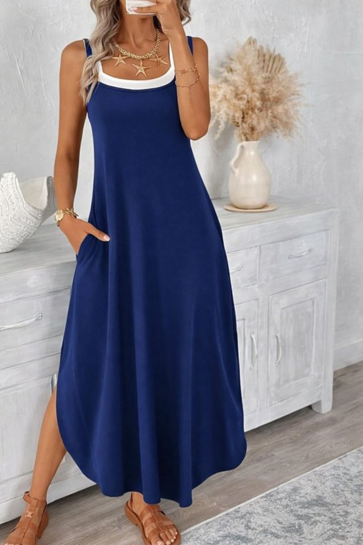 Kadın Ip Askılı Yuvarlak Yakalı Cepli Uzun Viskon Elbise