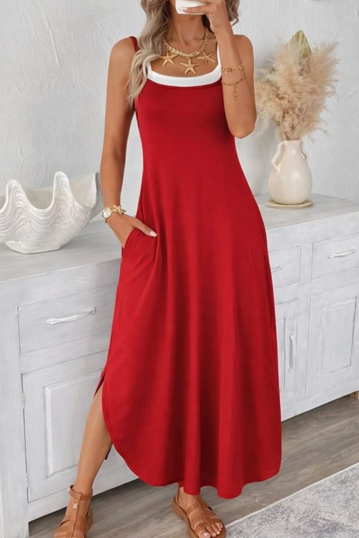 Kadın Ip Askılı Yuvarlak Yakalı Cepli Uzun Viskon Elbise