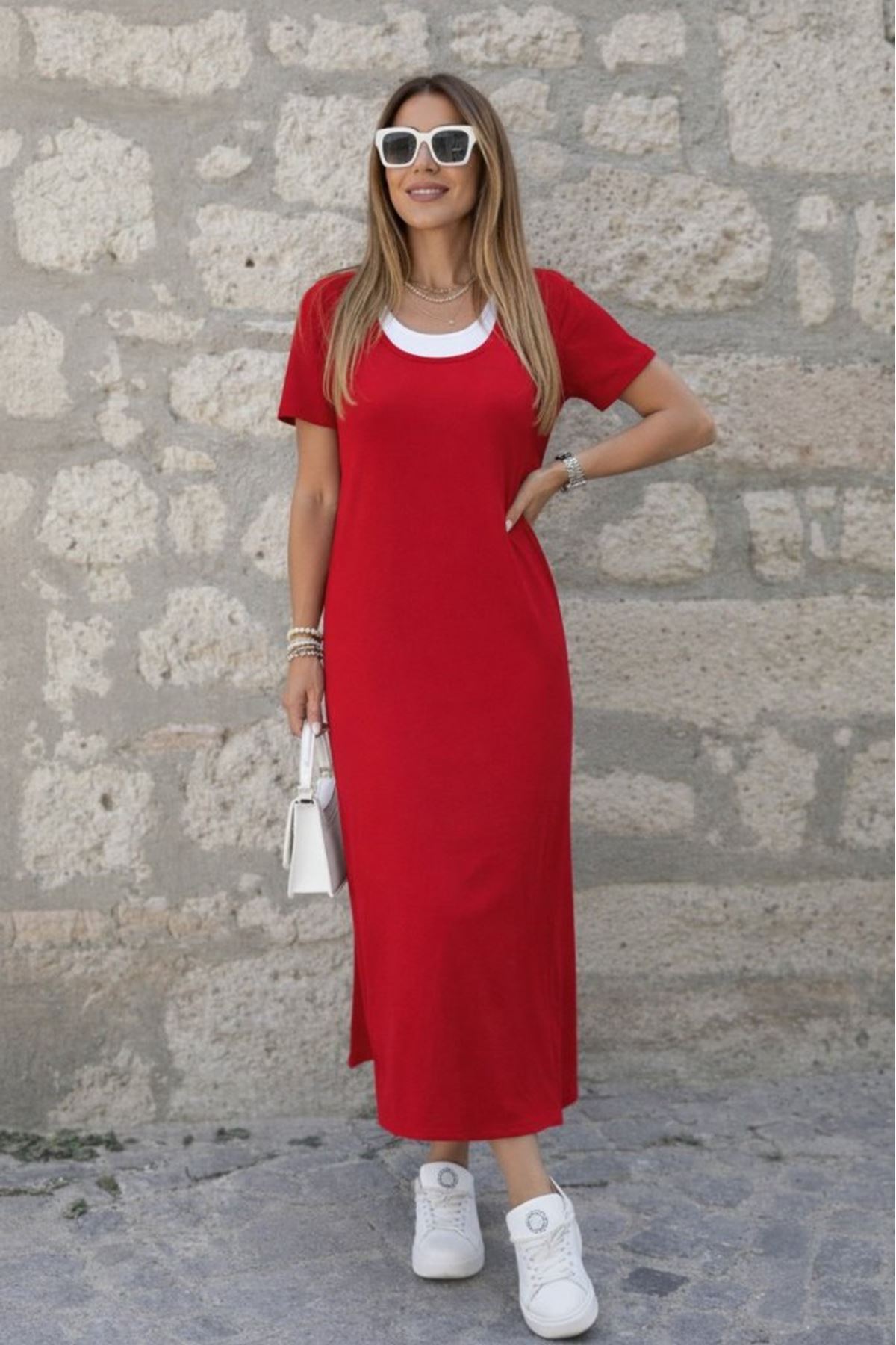 Kadın Kısa Kollu Içi Atlet Görünümlü Yandan Yırtmaçlı Uzun Viskon Elbise