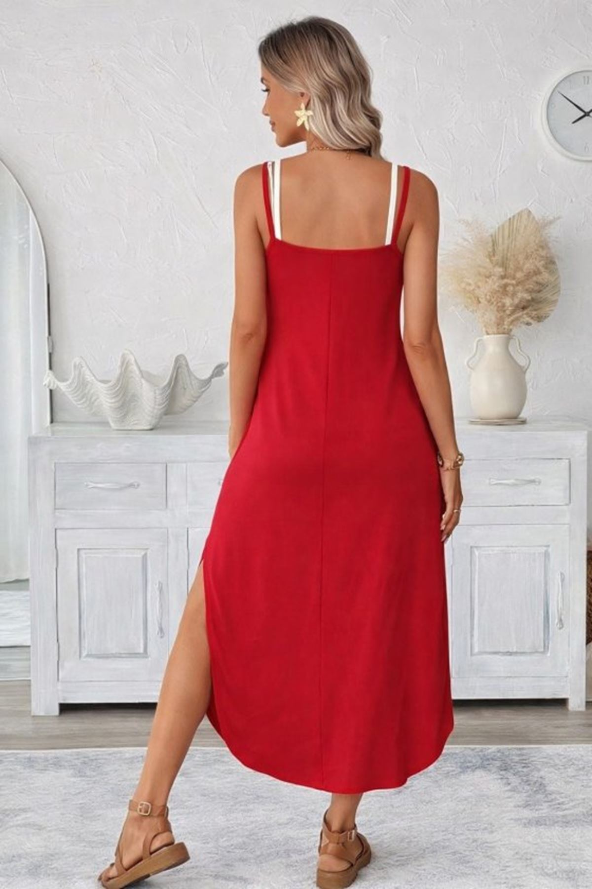 Kadın Ip Askılı Yuvarlak Yakalı Cepli Uzun Viskon Elbise