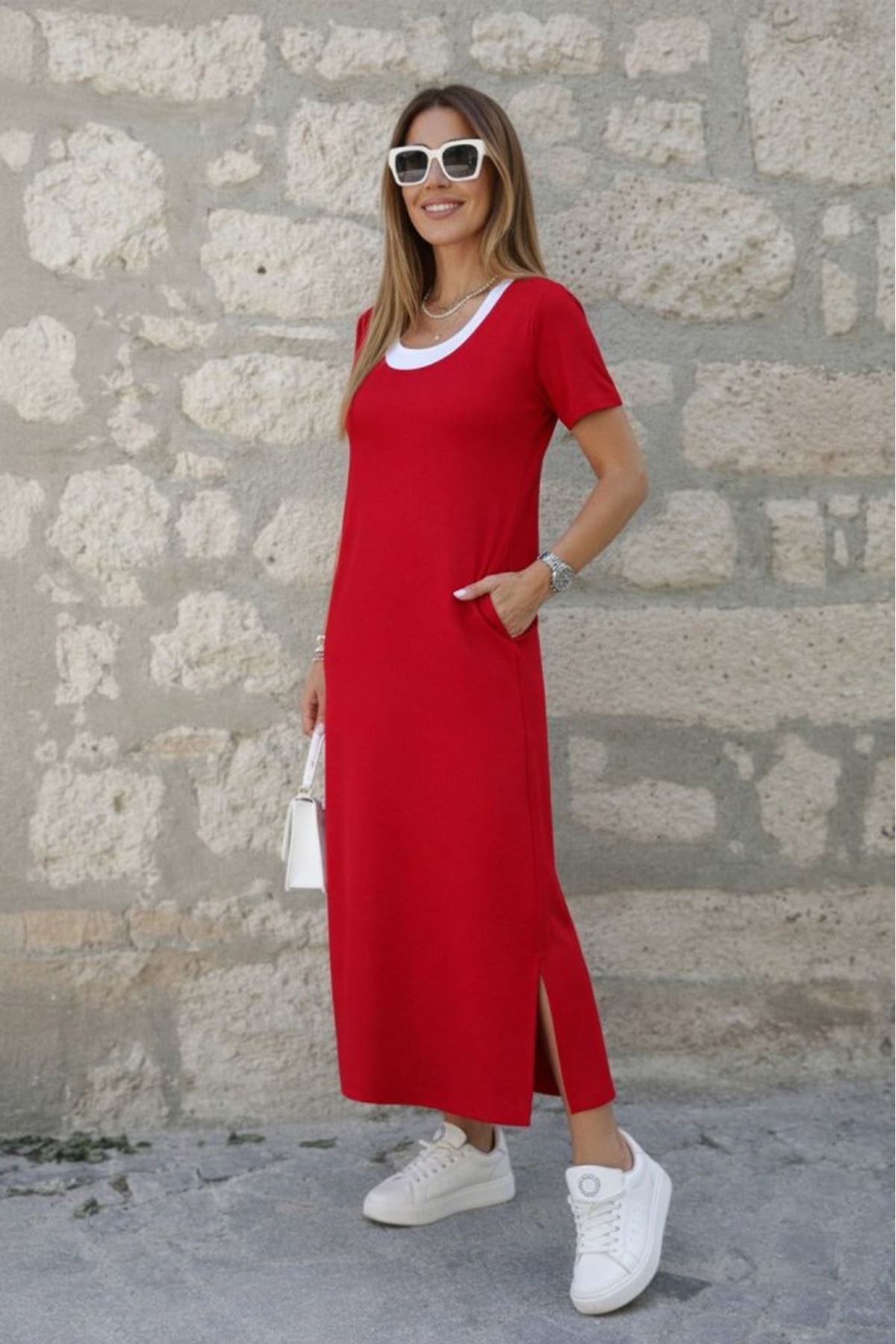 Kadın Kısa Kollu Içi Atlet Görünümlü Yandan Yırtmaçlı Uzun Viskon Elbise