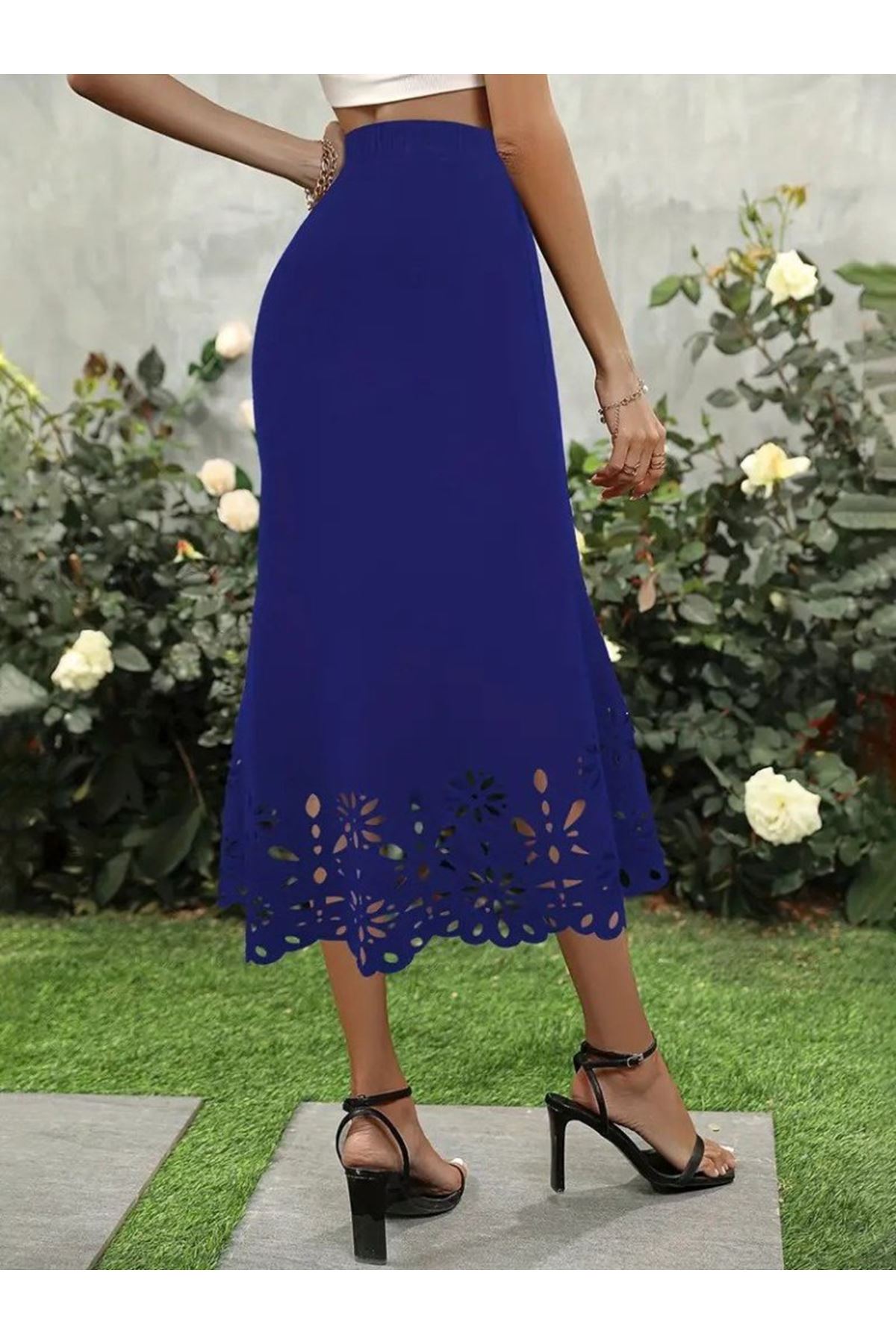 Kadın Yüksek Bel Lazer Kesim Detaylı Midi Ithal Krep Etek