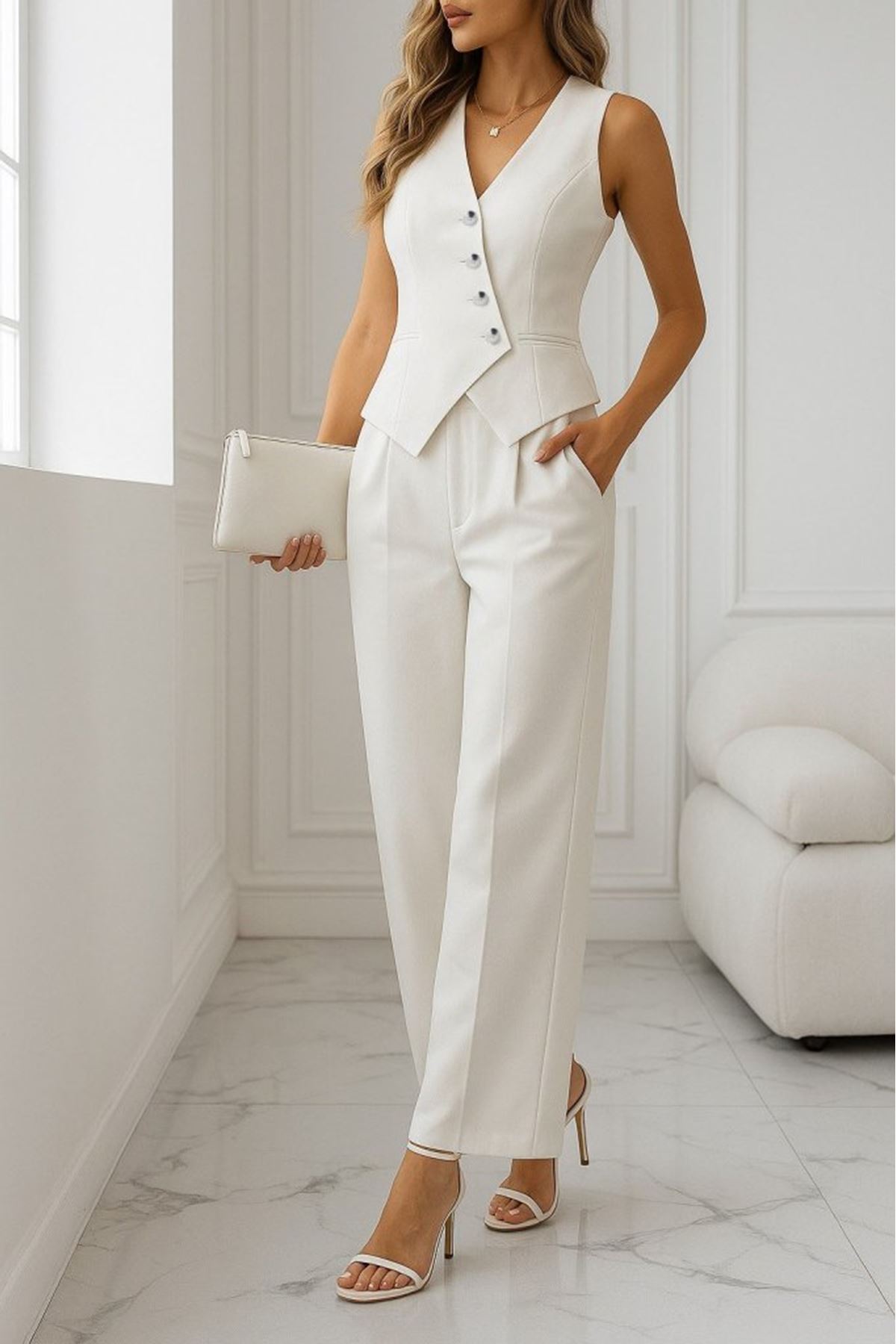 Kadın Sıfır Kollu çapraz V Yakalı önden Düğmeli Atlas Yelek Ve Pantolon Ikili Takım