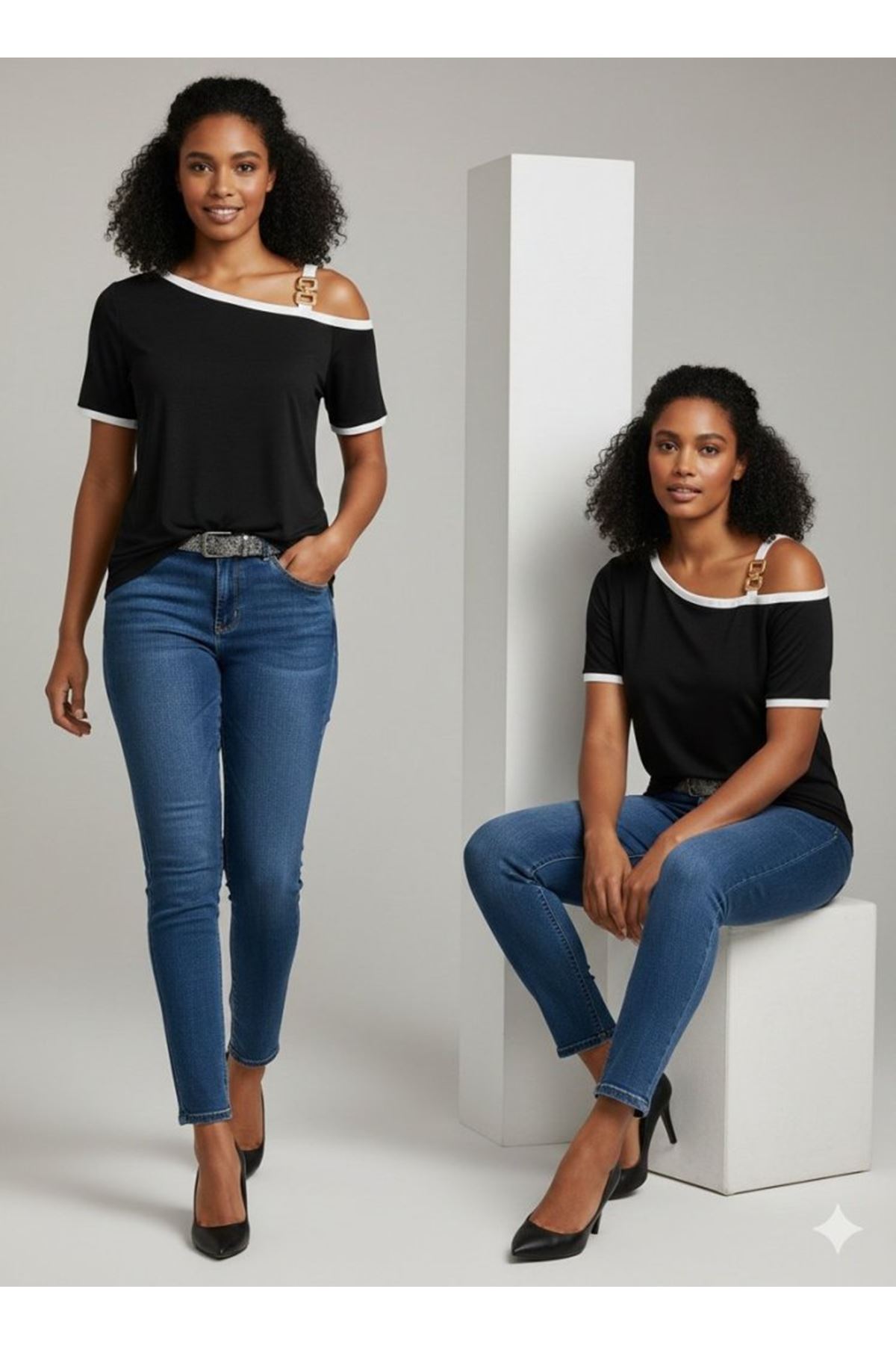 Kadın Kısa Kollu Tek Omuzu Açık Askı Toka Detaylı Viskon Bluz