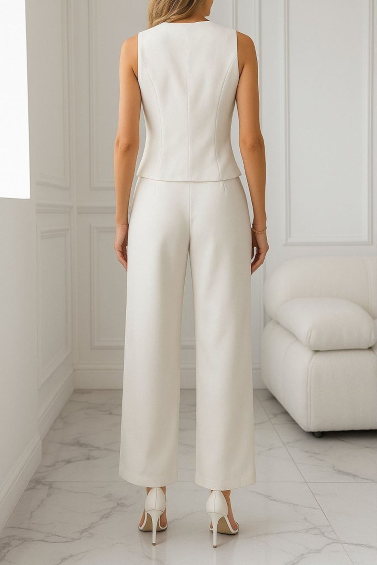 Kadın Sıfır Kollu çapraz V Yakalı önden Düğmeli Atlas Yelek Ve Pantolon Ikili Takım