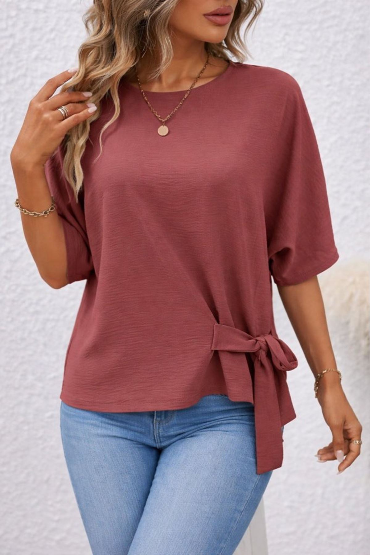 Kadın Kısa Kollu Bisiklet Yaka Yandan Bağcıklı Aerobin Bluz
