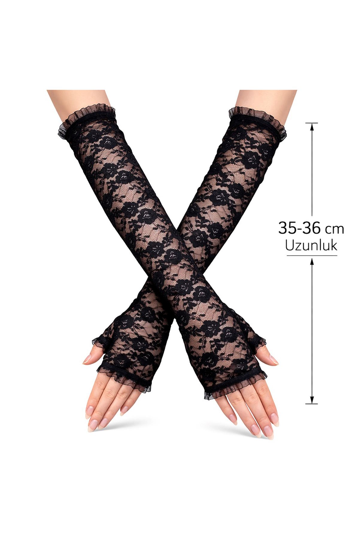 Uzun Zarif Dantel Eldiven Parmaksız Siyah