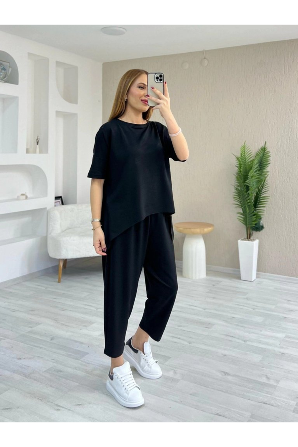 Kadın Kısa Kollu Bisiklet Yaka Viskon Iki Iplik Bluz Ve Pantolon Ikili Takım