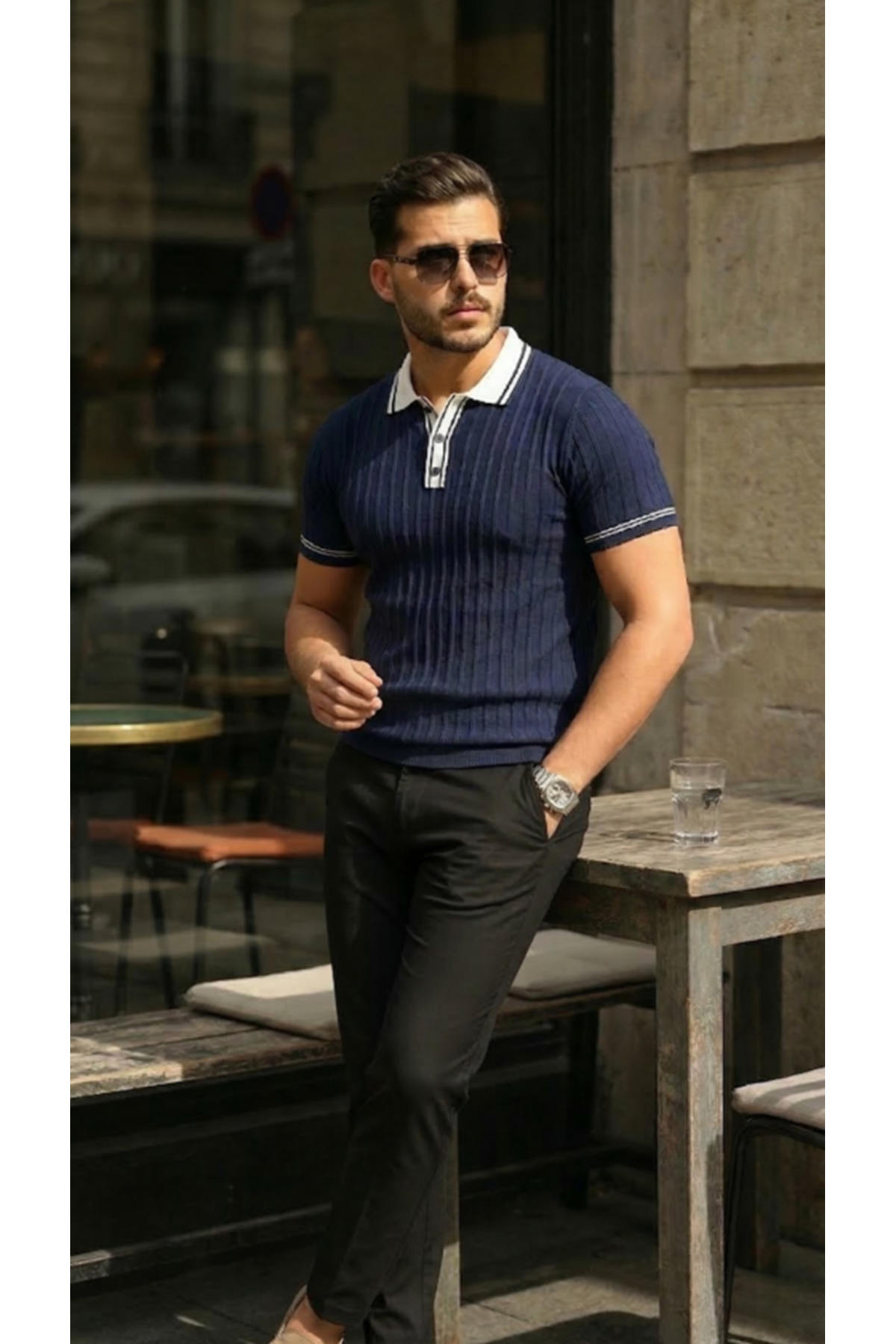 Erkek Düğme Yakalı Kontrast Yaka Triko Tişört