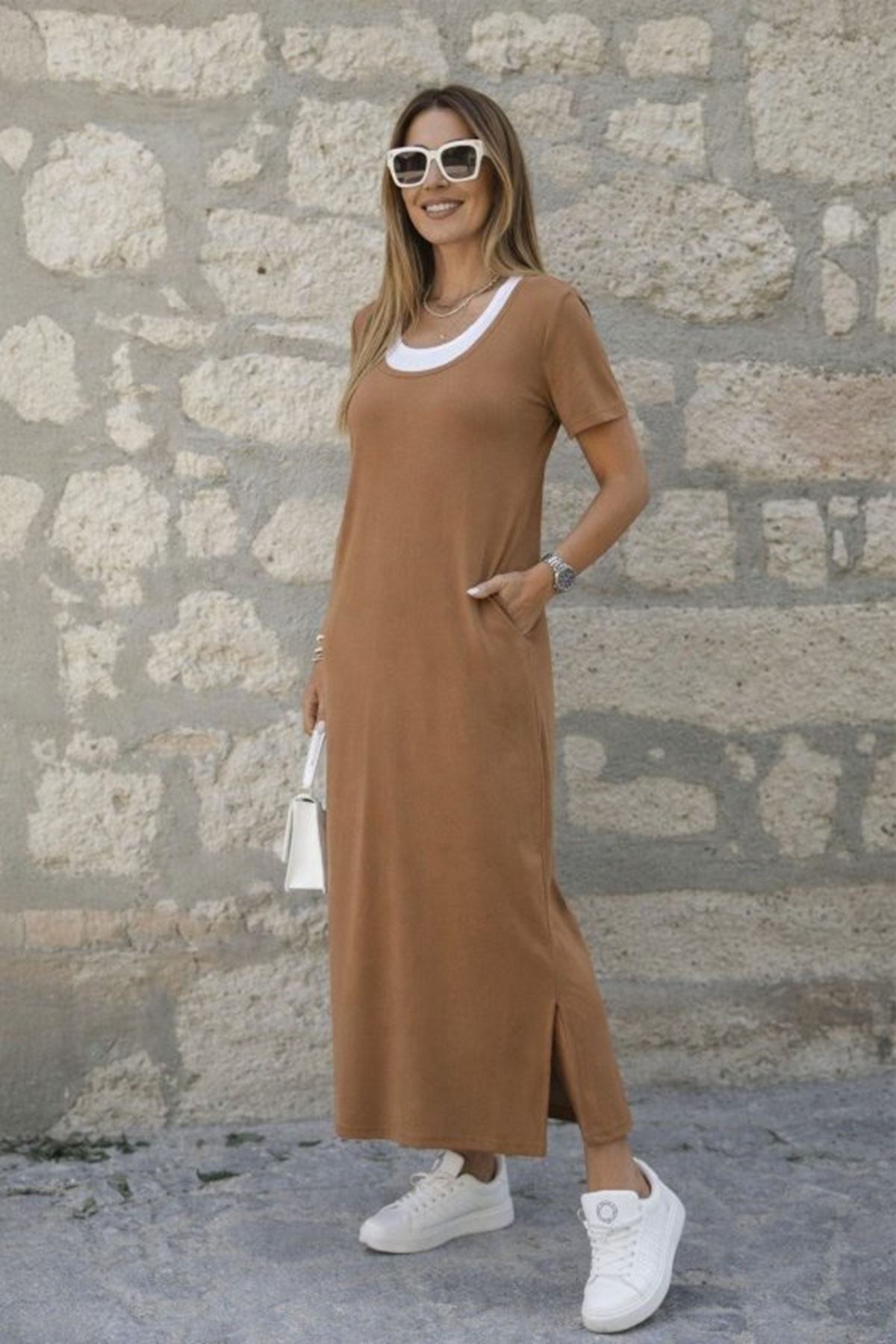 Kadın Kısa Kollu Içi Atlet Görünümlü Yandan Yırtmaçlı Uzun Viskon Elbise