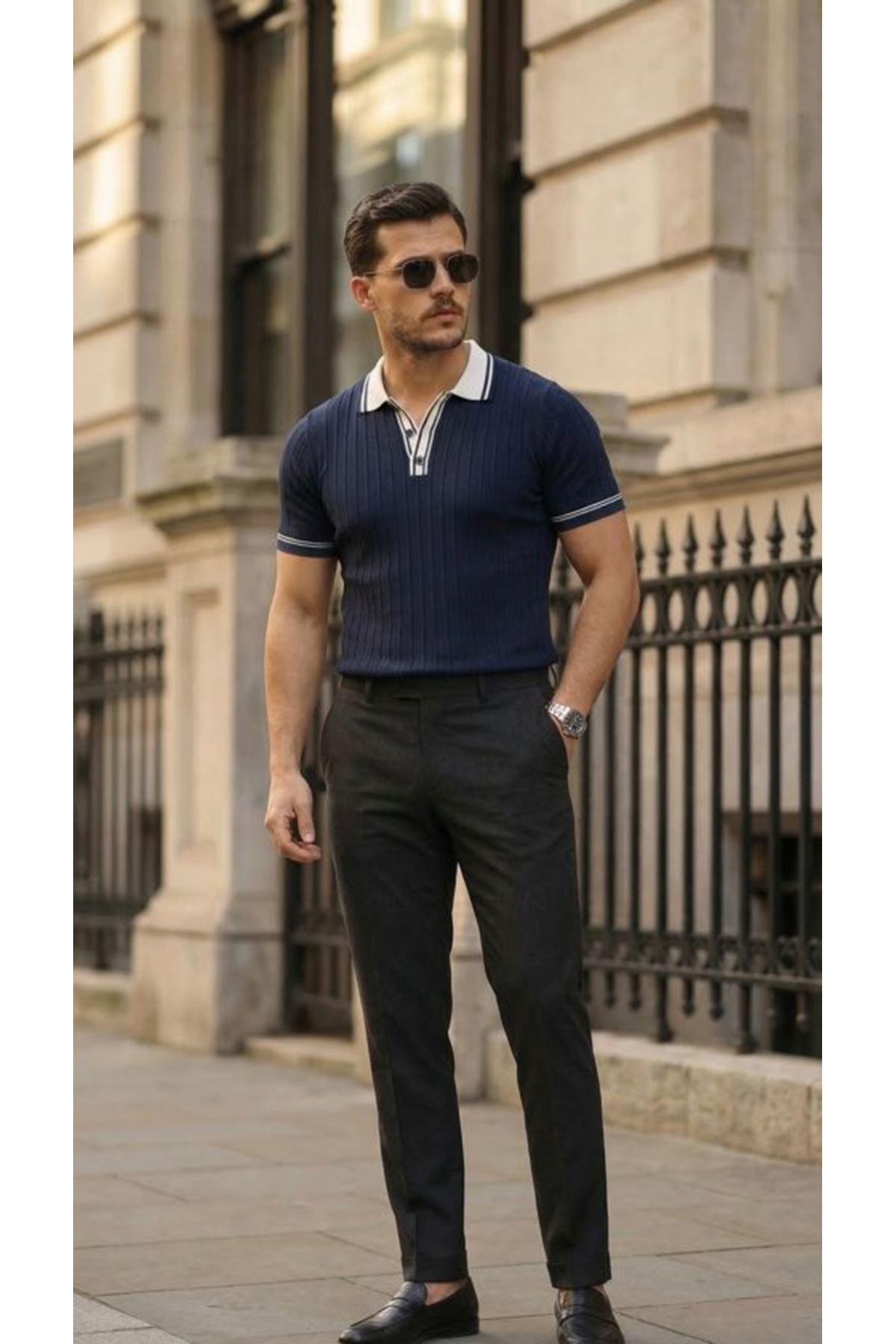 Erkek Düğme Yakalı Kontrast Yaka Triko Tişört