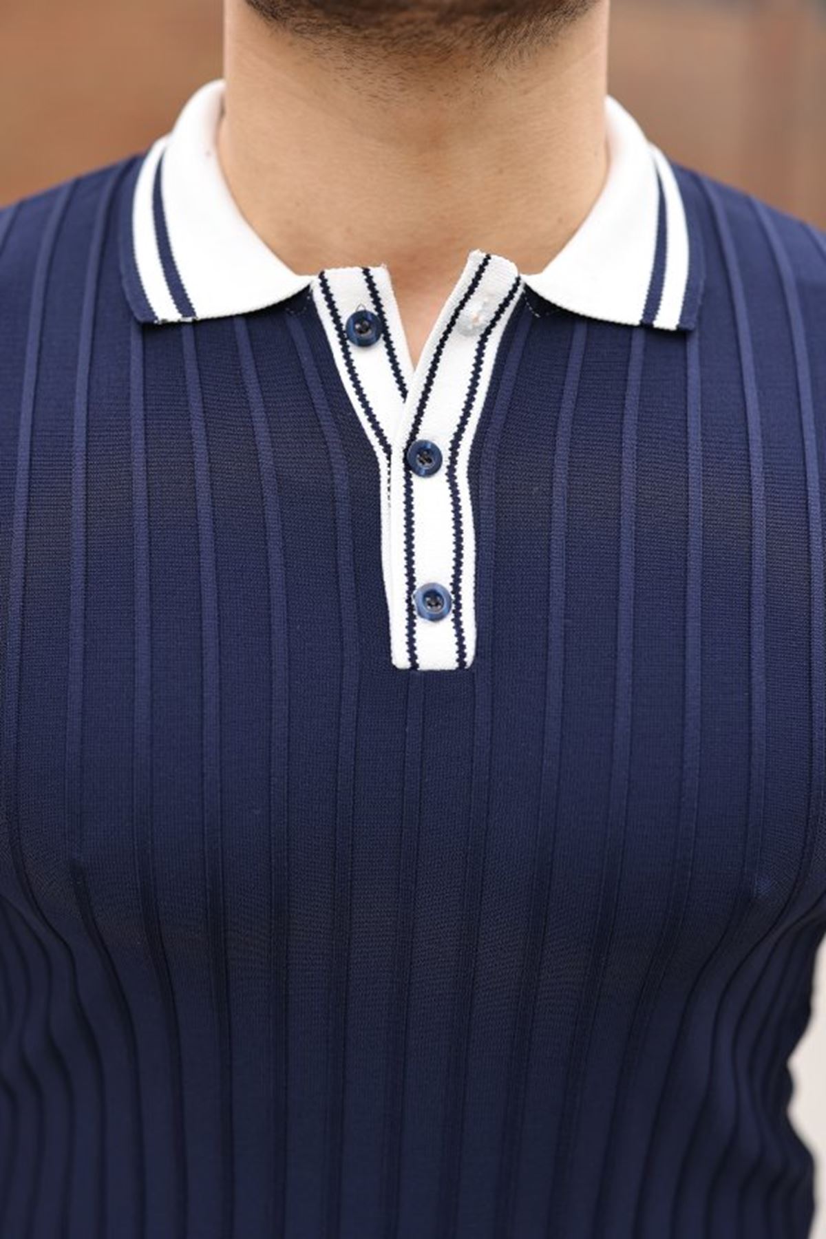 Erkek Düğme Yakalı Kontrast Yaka Triko Tişört