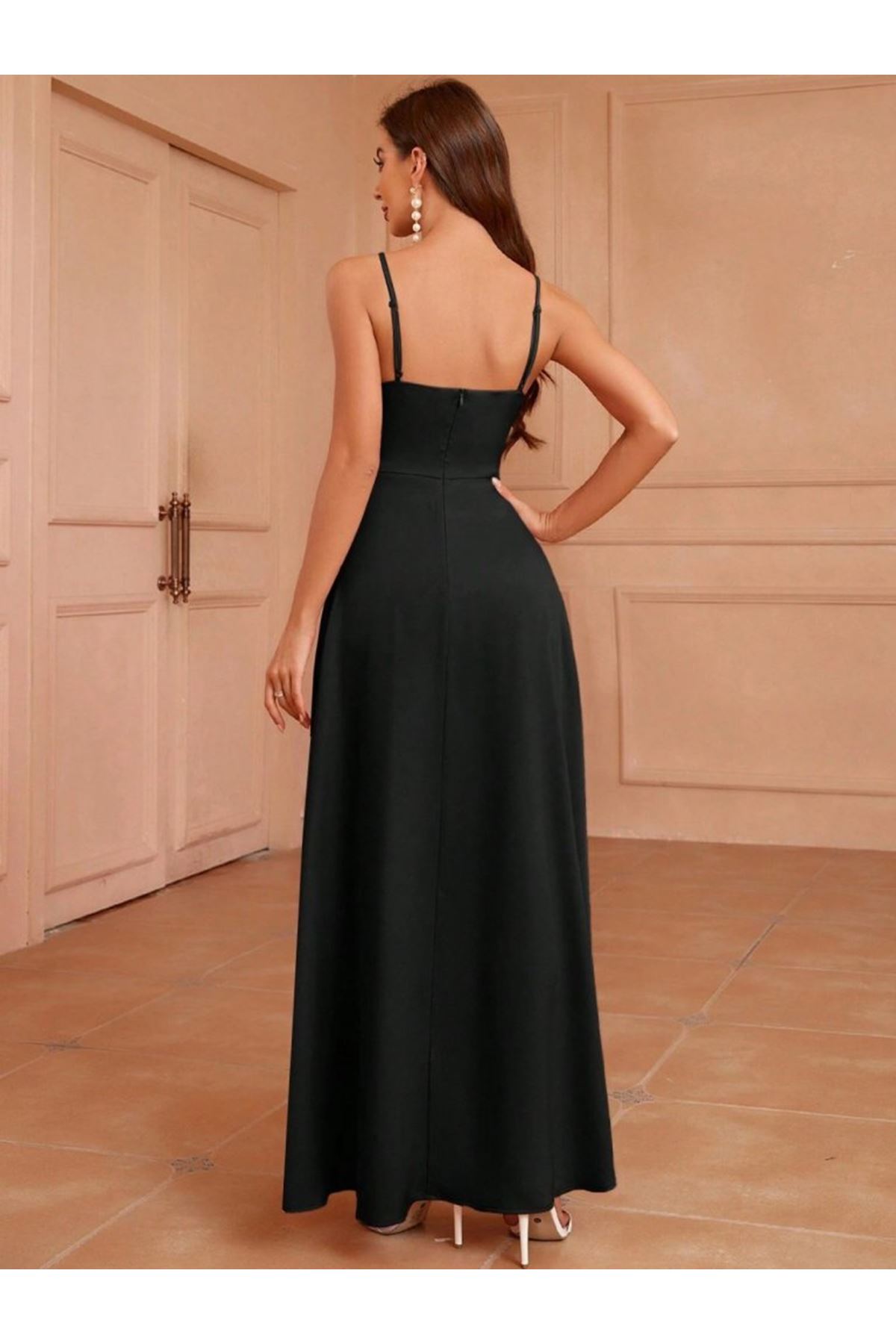 Kadın Ip Askılı Kruvaze Yakalı Yırtmaçlı Uzun Ithal Krep Elbise