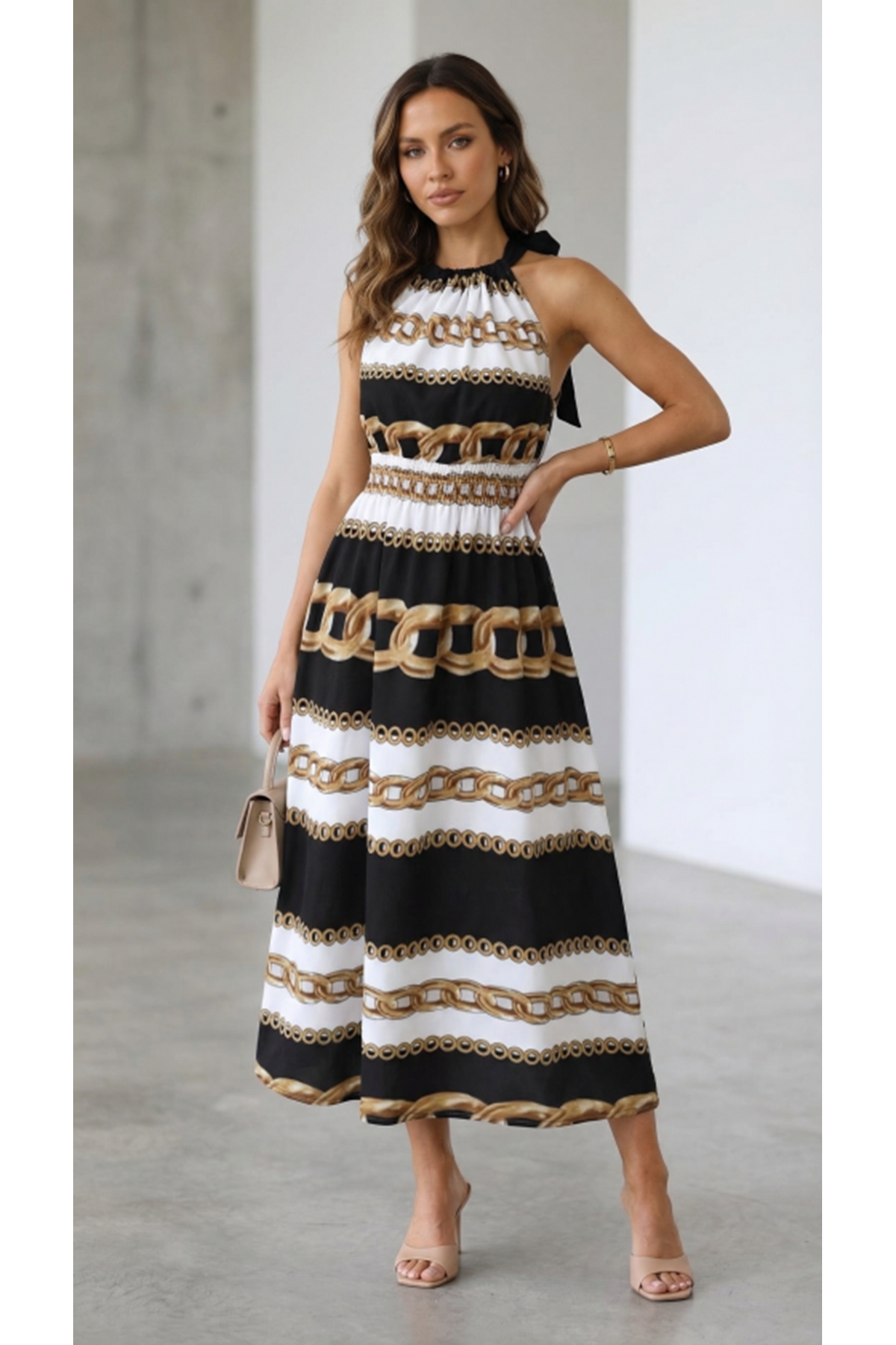 Kadın Kolsuz Boyundan Bağlamalı Beli Lastikli Dijital Baskı Süprem Uzun Elbise