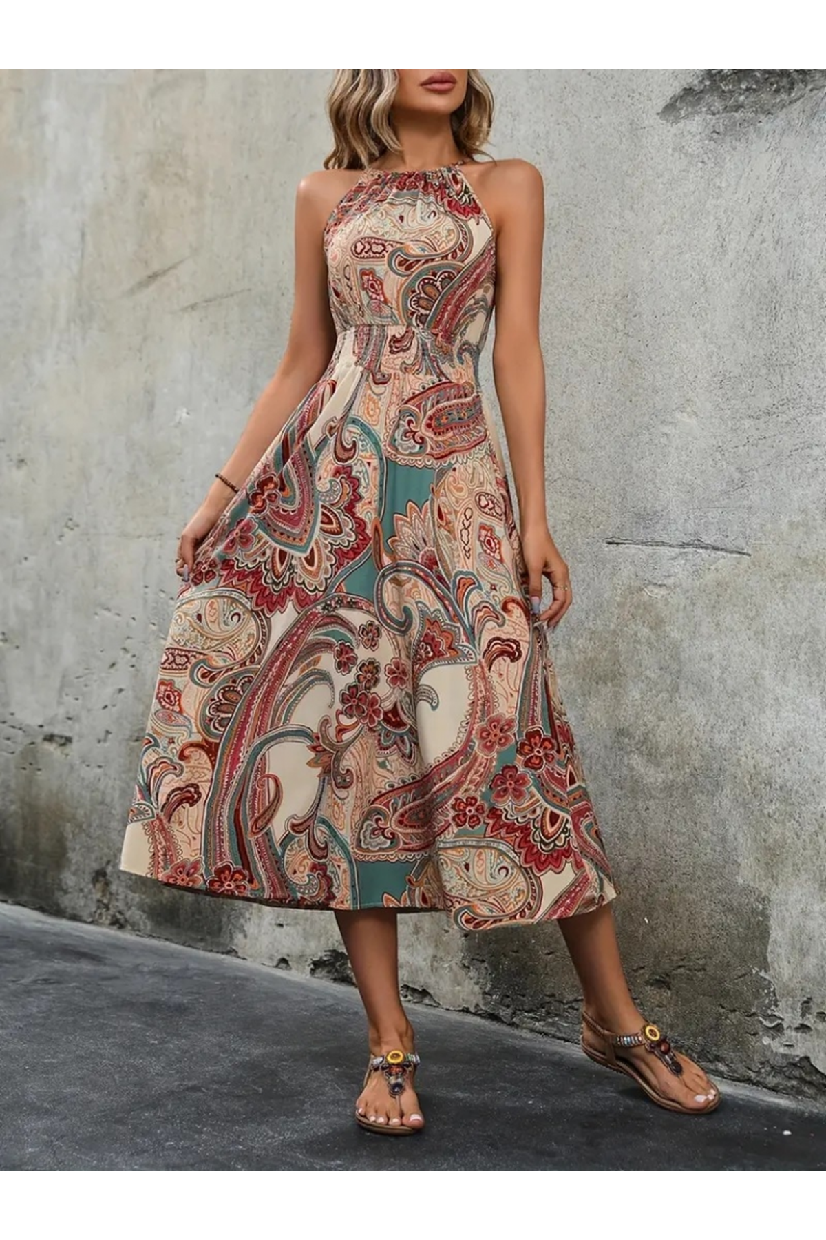 Kadın Kolsuz Boyundan Bağlamalı Beli Lastikli Dijital Baskı Süprem Uzun Elbise