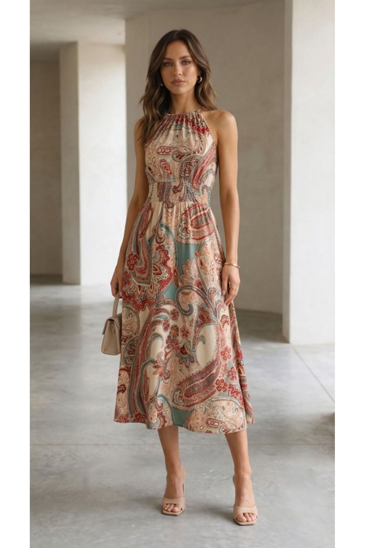 Kadın Kolsuz Boyundan Bağlamalı Beli Lastikli Dijital Baskı Süprem Uzun Elbise