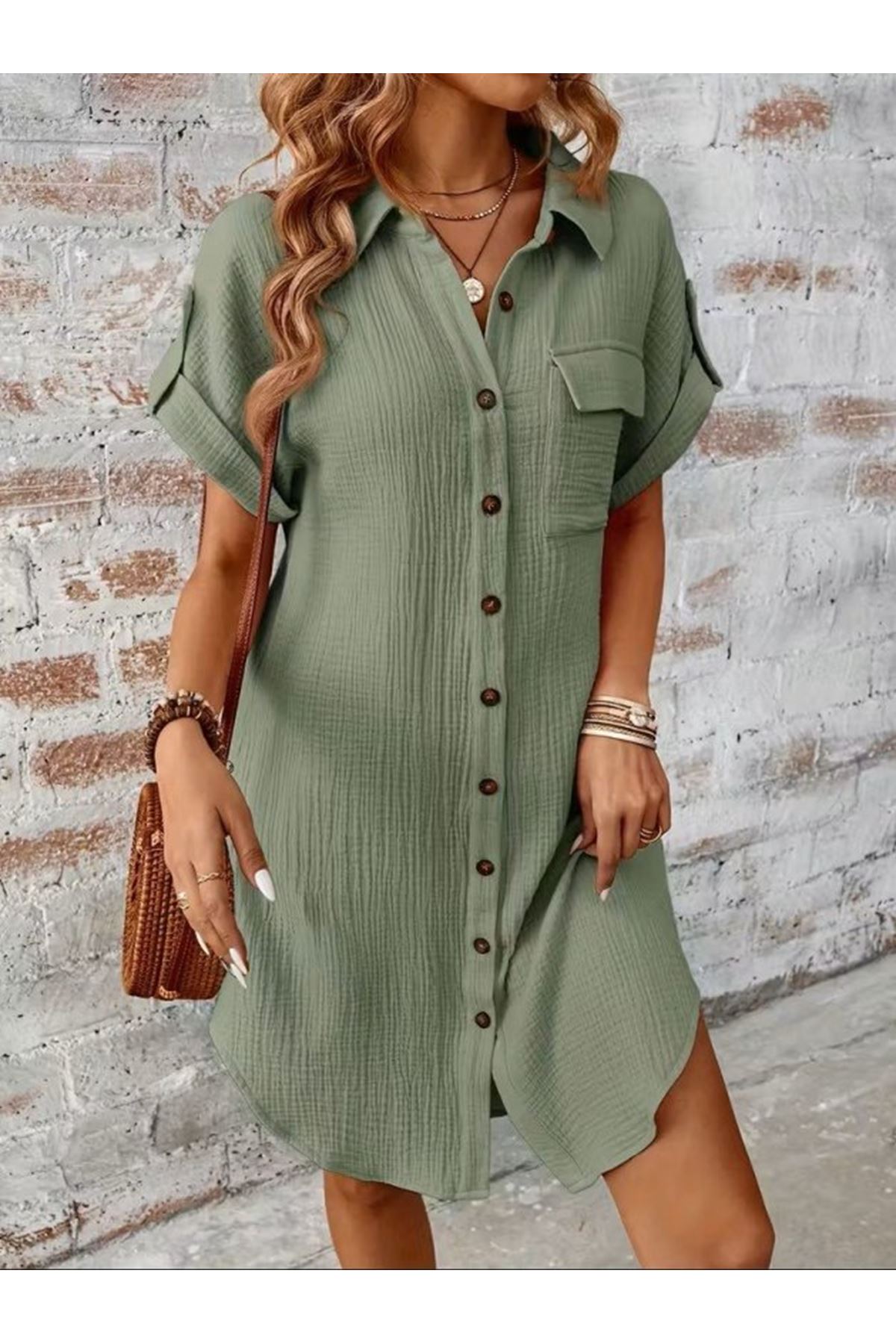 Kadın Kısa Kollu Yakalı önden Düğmeli Bürümcük Kısa Elbise
