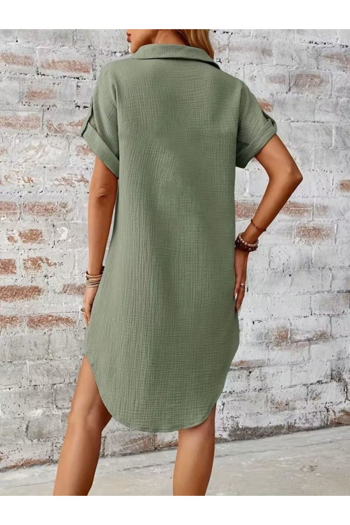 Kadın Kısa Kollu Yakalı önden Düğmeli Bürümcük Kısa Elbise